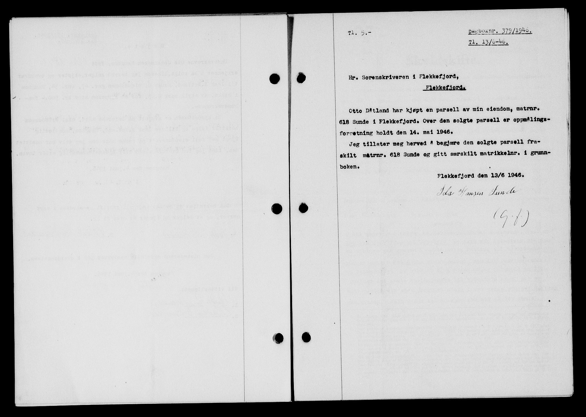 Flekkefjord sorenskriveri, AV/SAK-1221-0001/G/Gb/Gba/L0060: Mortgage book no. A-8, 1945-1946, Diary no: : 379/1946