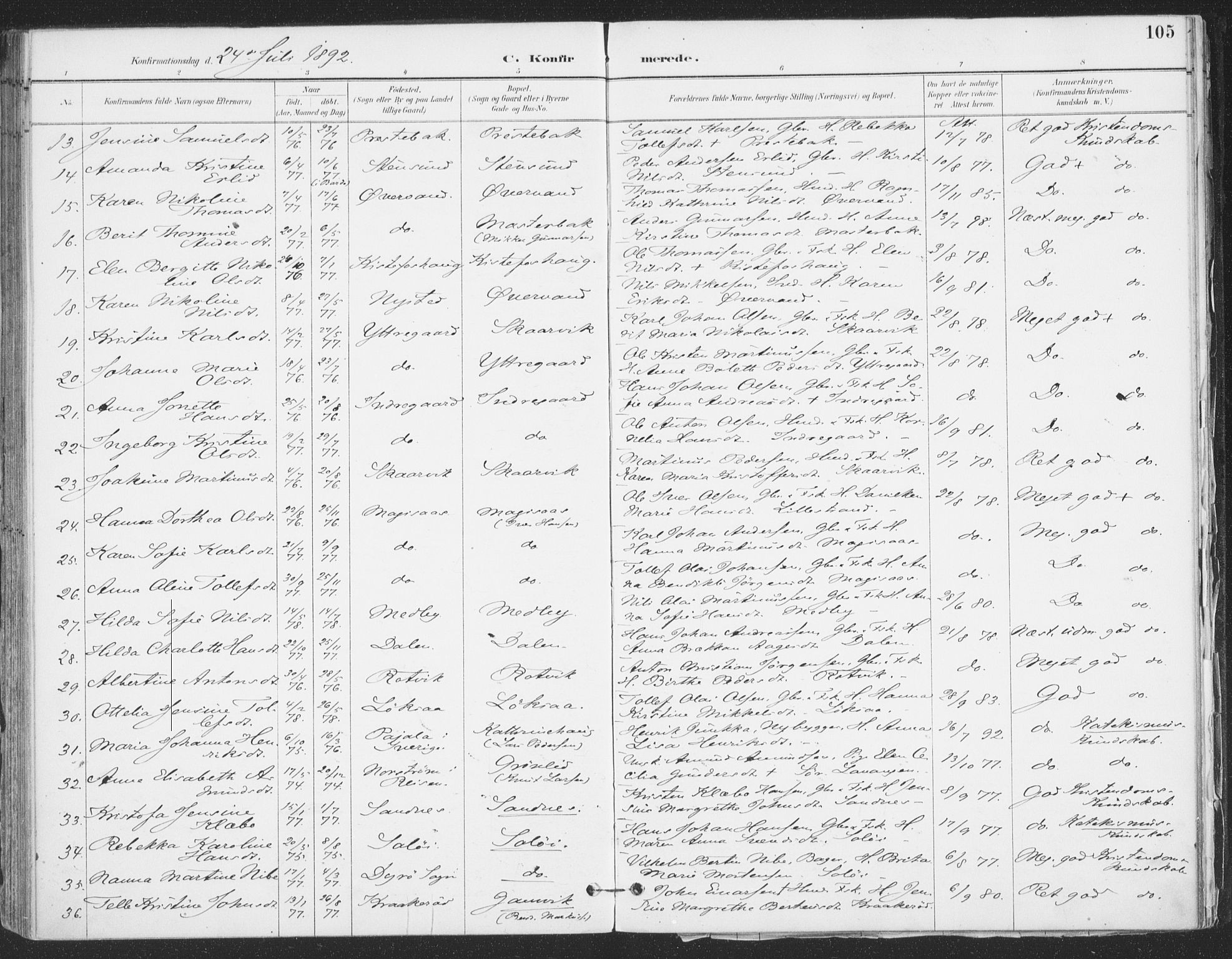 Ibestad sokneprestembete, AV/SATØ-S-0077/H/Ha/Haa/L0015kirke: Parish register (official) no. 15, 1888-1899, p. 105