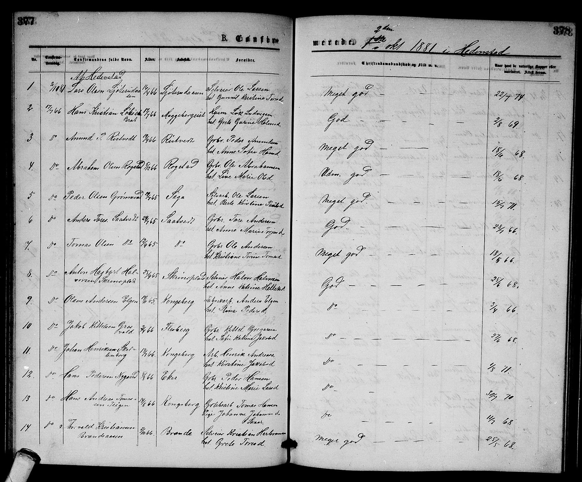 Sandsvær kirkebøker, AV/SAKO-A-244/G/Gb/L0001: Parish register (copy) no. II 1, 1874-1885, p. 377-378