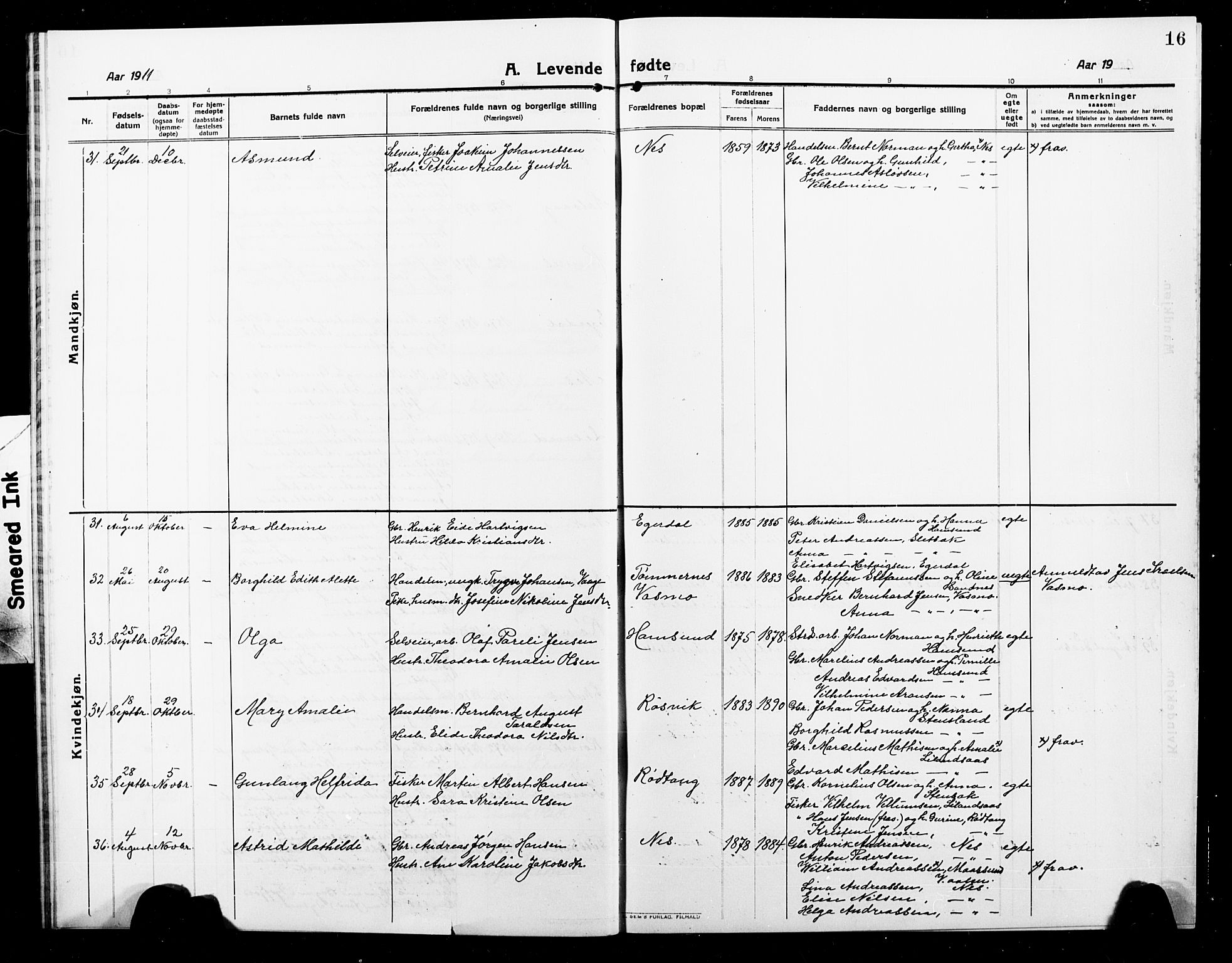 Ministerialprotokoller, klokkerbøker og fødselsregistre - Nordland, AV/SAT-A-1459/859/L0861: Parish register (copy) no. 859C07, 1910-1925, p. 16