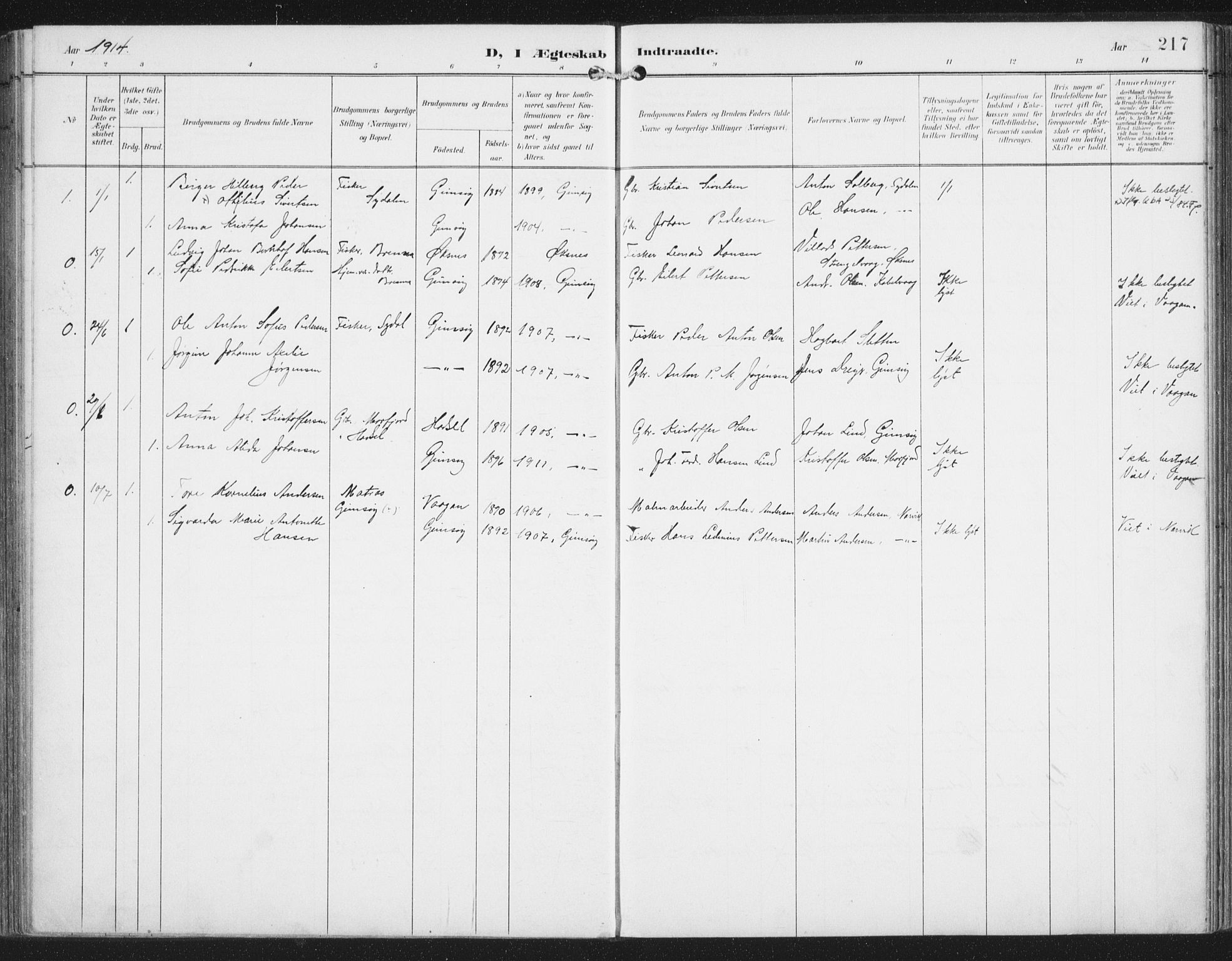 Ministerialprotokoller, klokkerbøker og fødselsregistre - Nordland, AV/SAT-A-1459/876/L1098: Parish register (official) no. 876A04, 1896-1915, p. 217