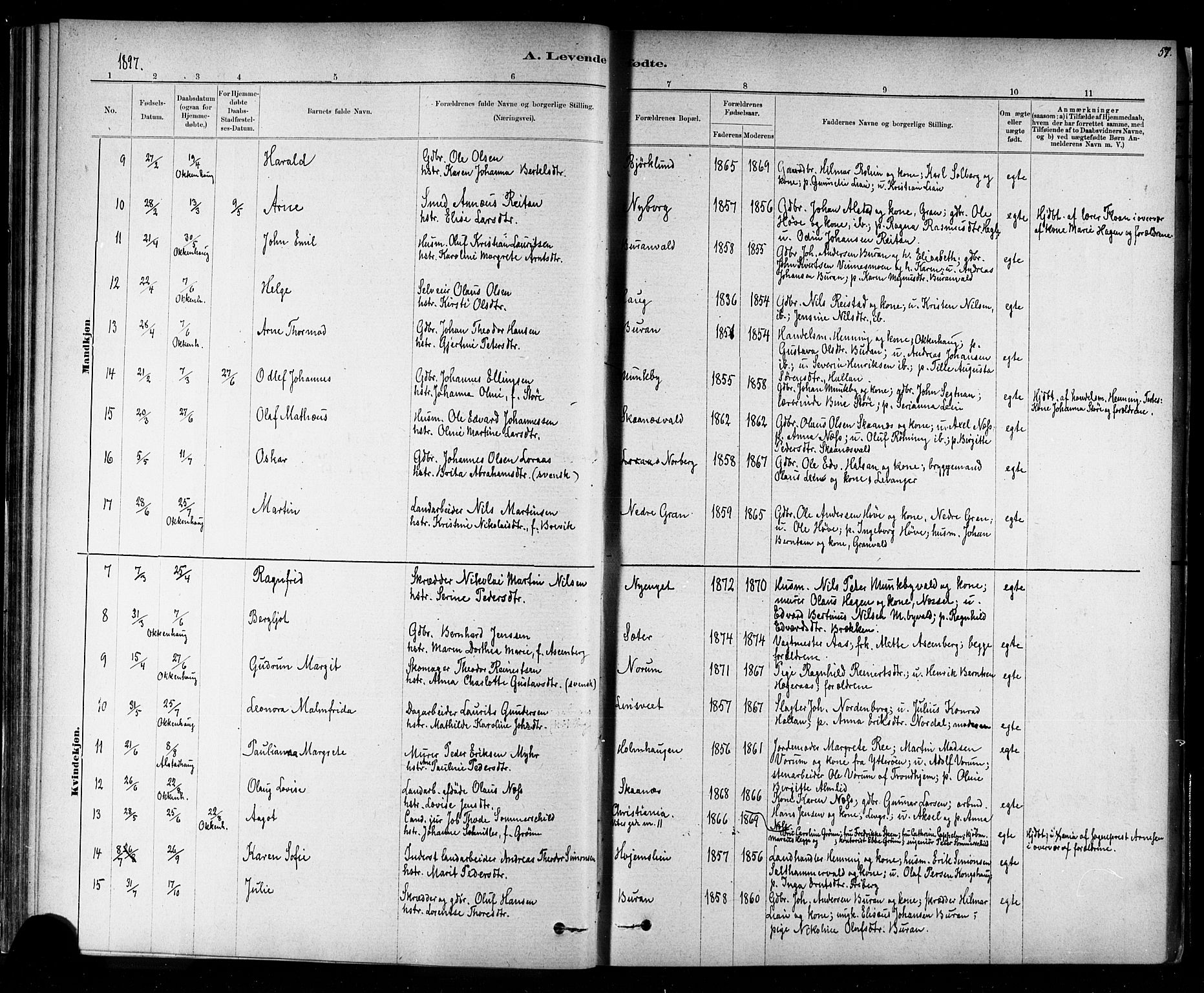Ministerialprotokoller, klokkerbøker og fødselsregistre - Nord-Trøndelag, SAT/A-1458/721/L0208: Parish register (copy) no. 721C01, 1880-1917, p. 57