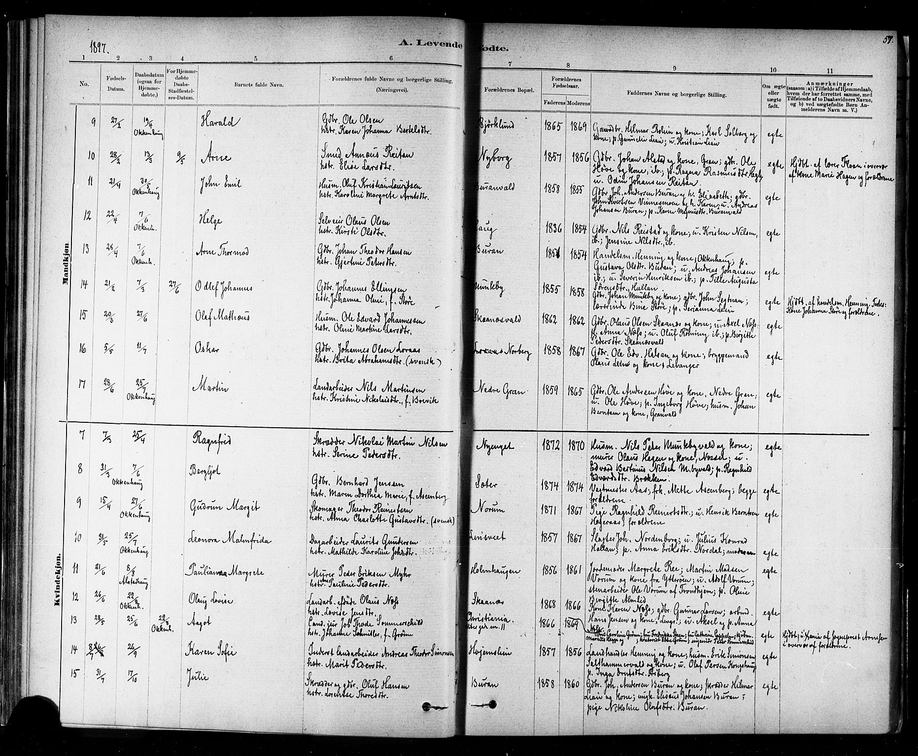 Ministerialprotokoller, klokkerbøker og fødselsregistre - Nord-Trøndelag, AV/SAT-A-1458/721/L0208: Parish register (copy) no. 721C01, 1880-1917, p. 57