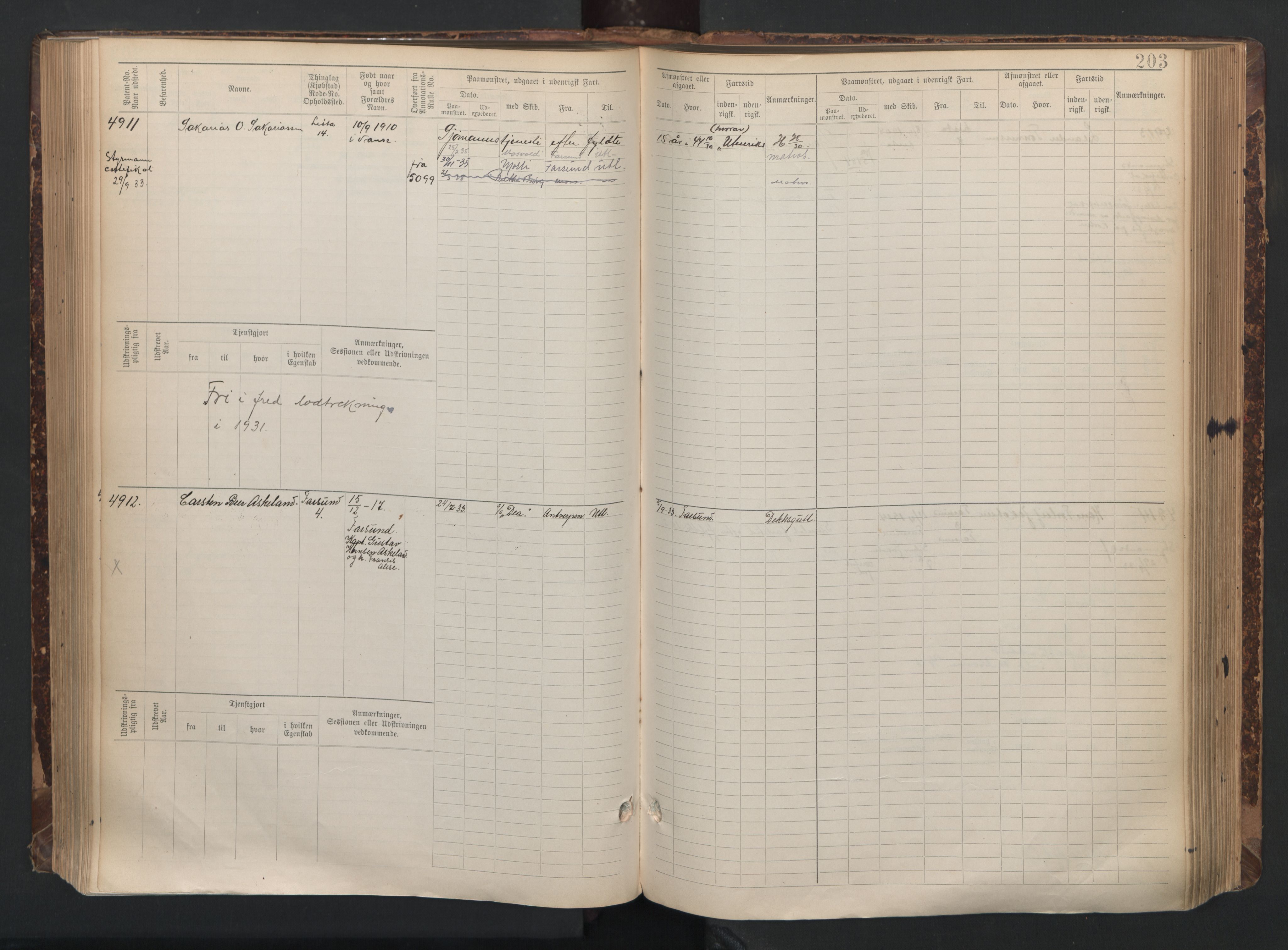 Farsund mønstringskrets, AV/SAK-2031-0017/F/Fb/L0021: Hovedrulle nr 4507-5268, Z-13, 1900-1948, p. 214