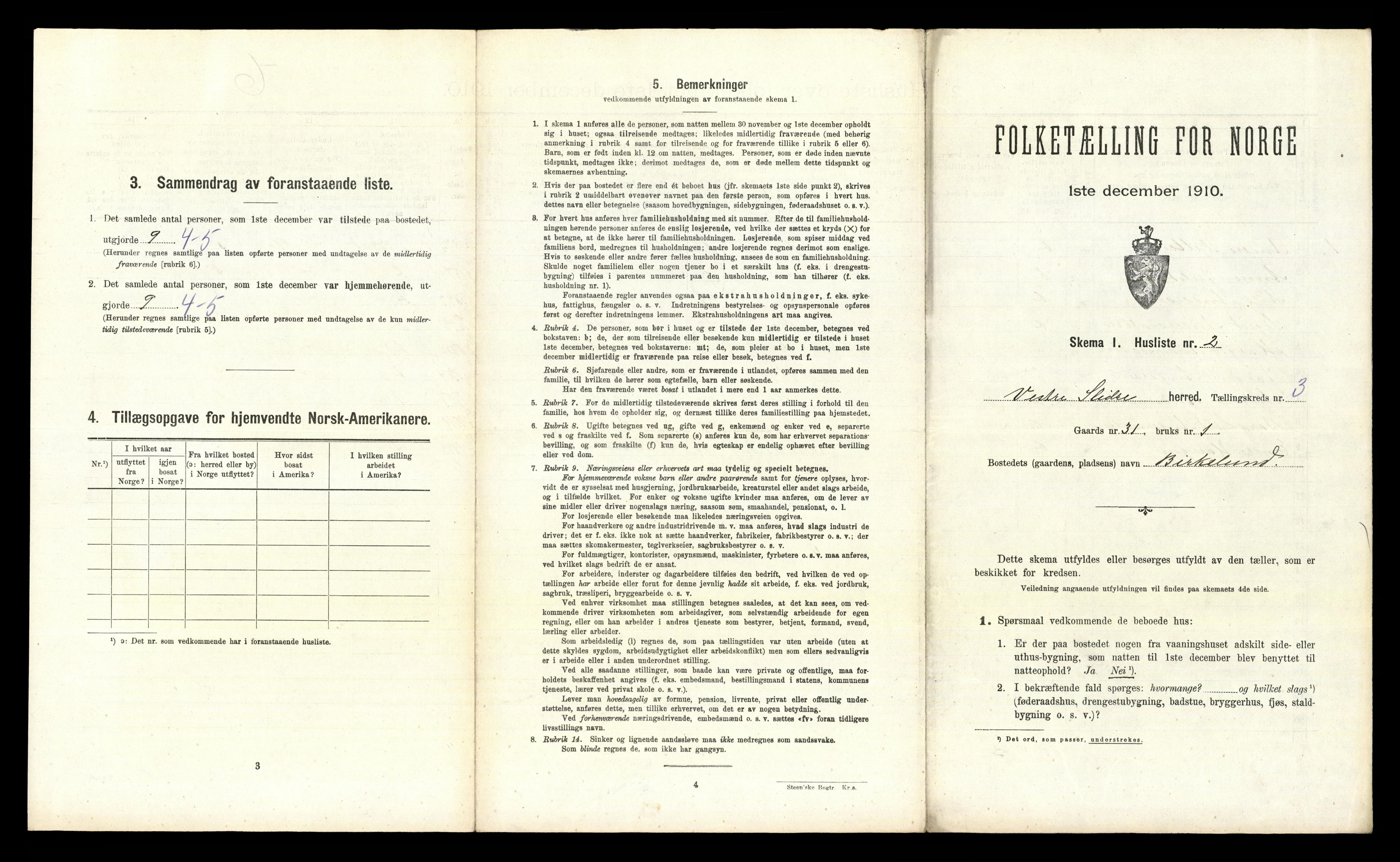 RA, 1910 census for Vestre Slidre, 1910, p. 233