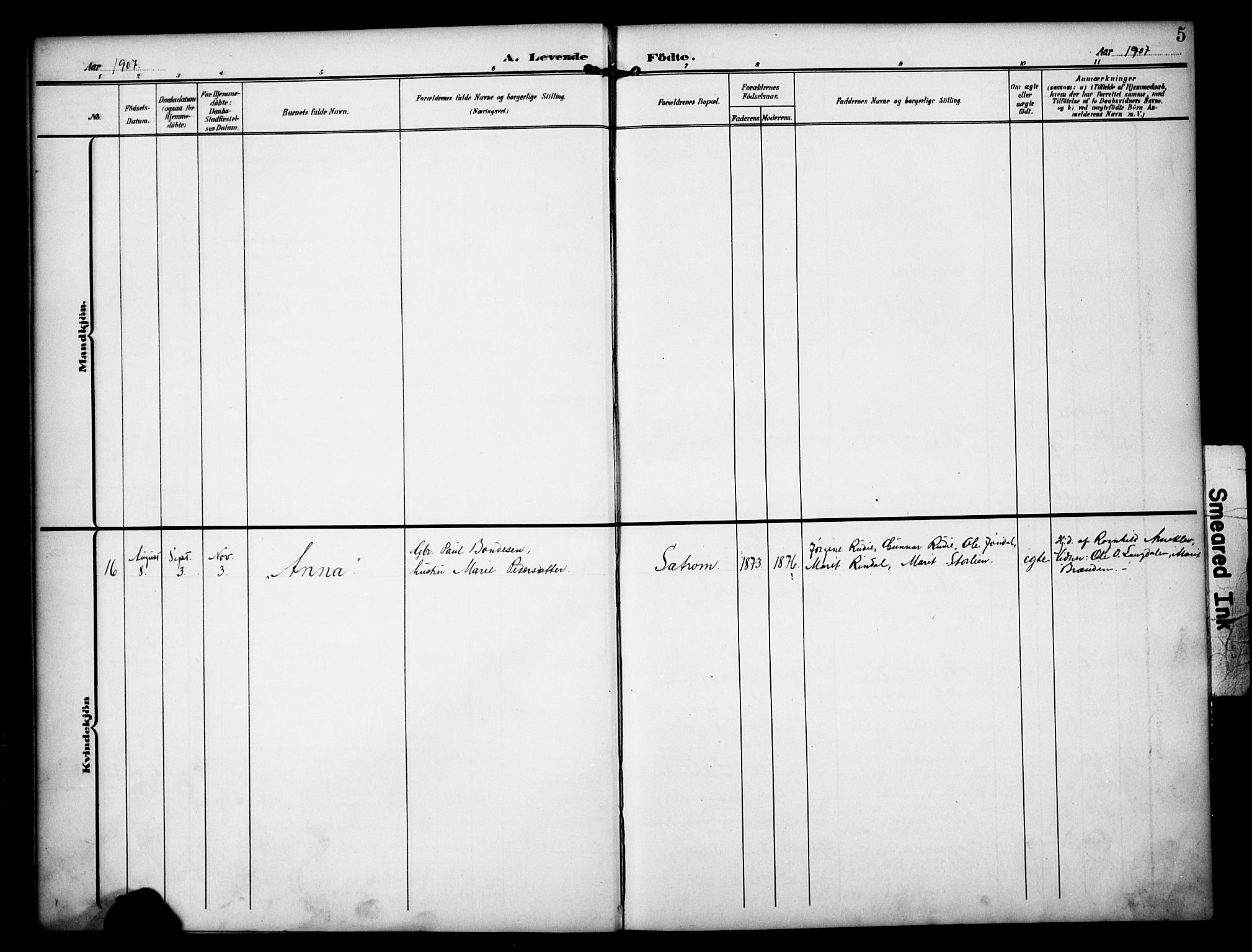 Dovre prestekontor, SAH/PREST-066/H/Ha/Hab/L0003: Parish register (copy) no. 3, 1907-1929, p. 5