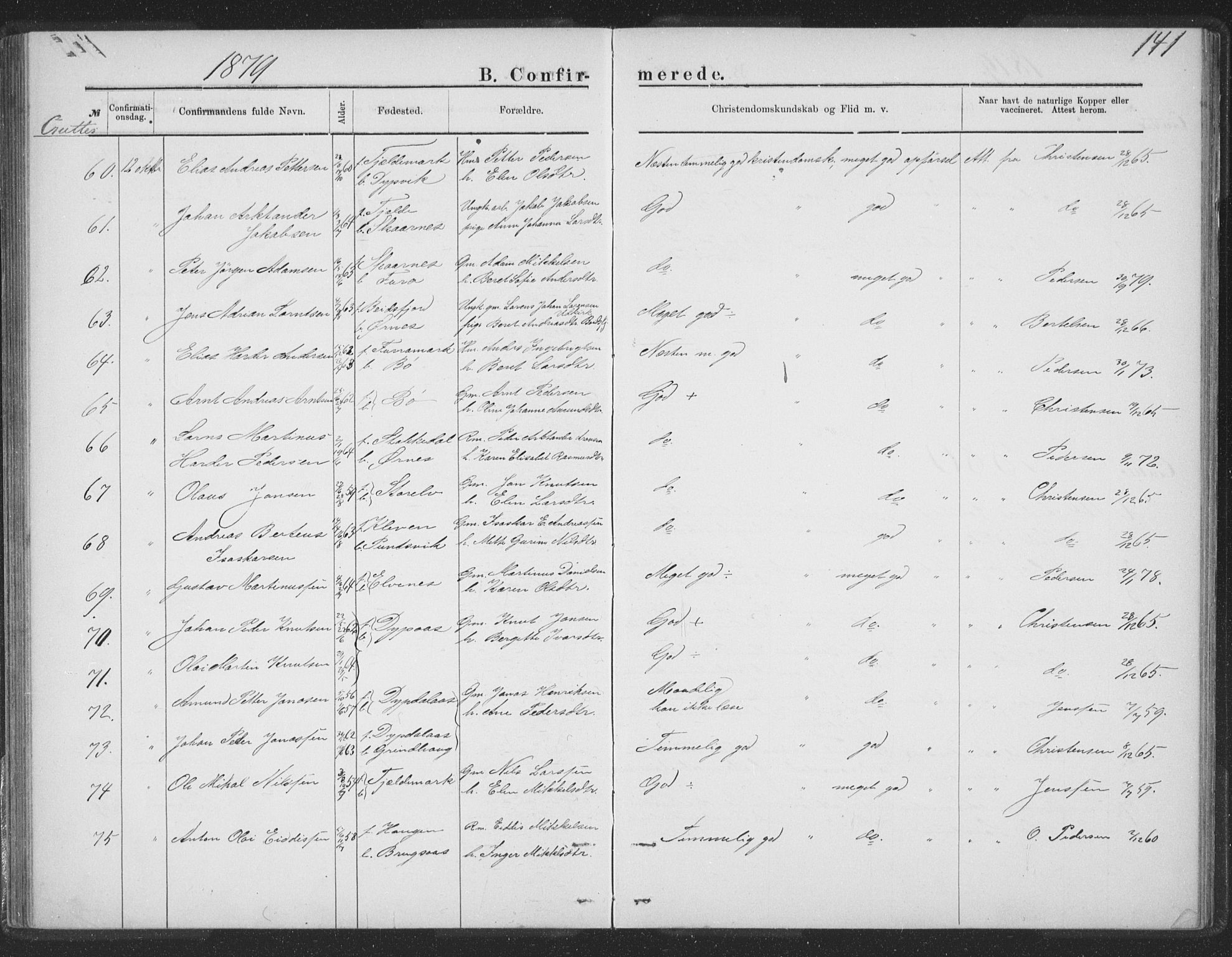 Ministerialprotokoller, klokkerbøker og fødselsregistre - Nordland, AV/SAT-A-1459/863/L0913: Parish register (copy) no. 863C03, 1877-1885, p. 141