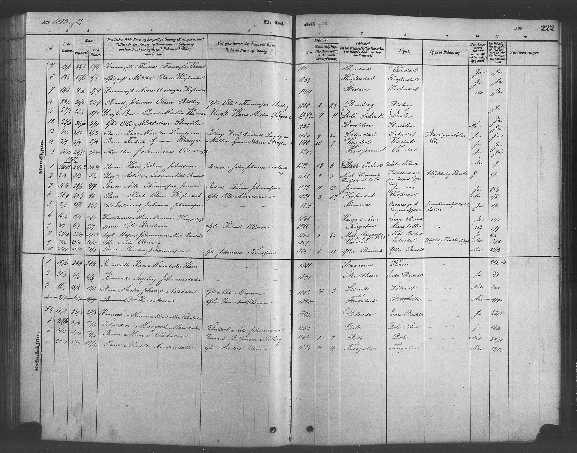 Bruvik Sokneprestembete, SAB/A-74701/H/Hab: Parish register (copy) no. A 1, 1878-1907, p. 222
