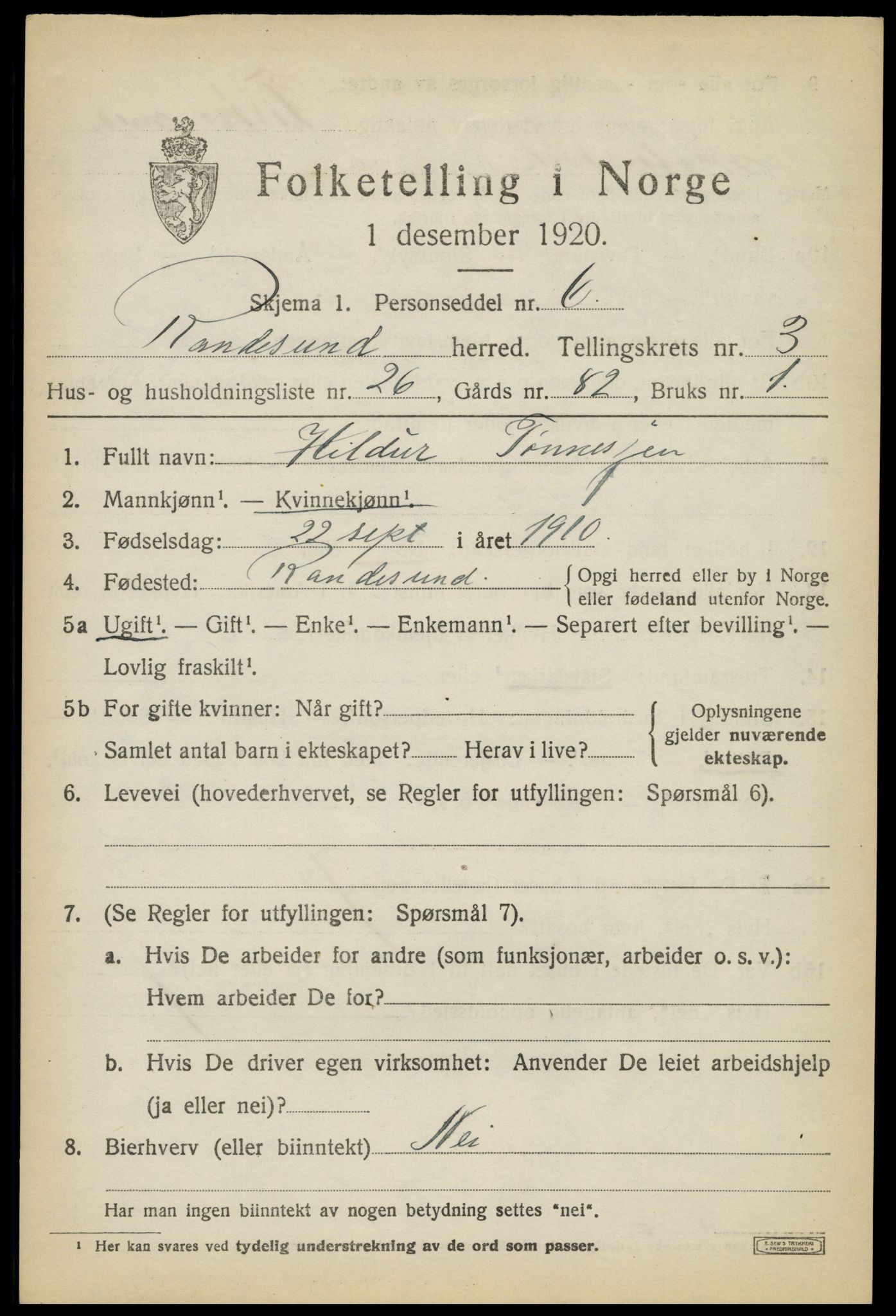 SAK, 1920 census for Randesund, 1920, p. 1750