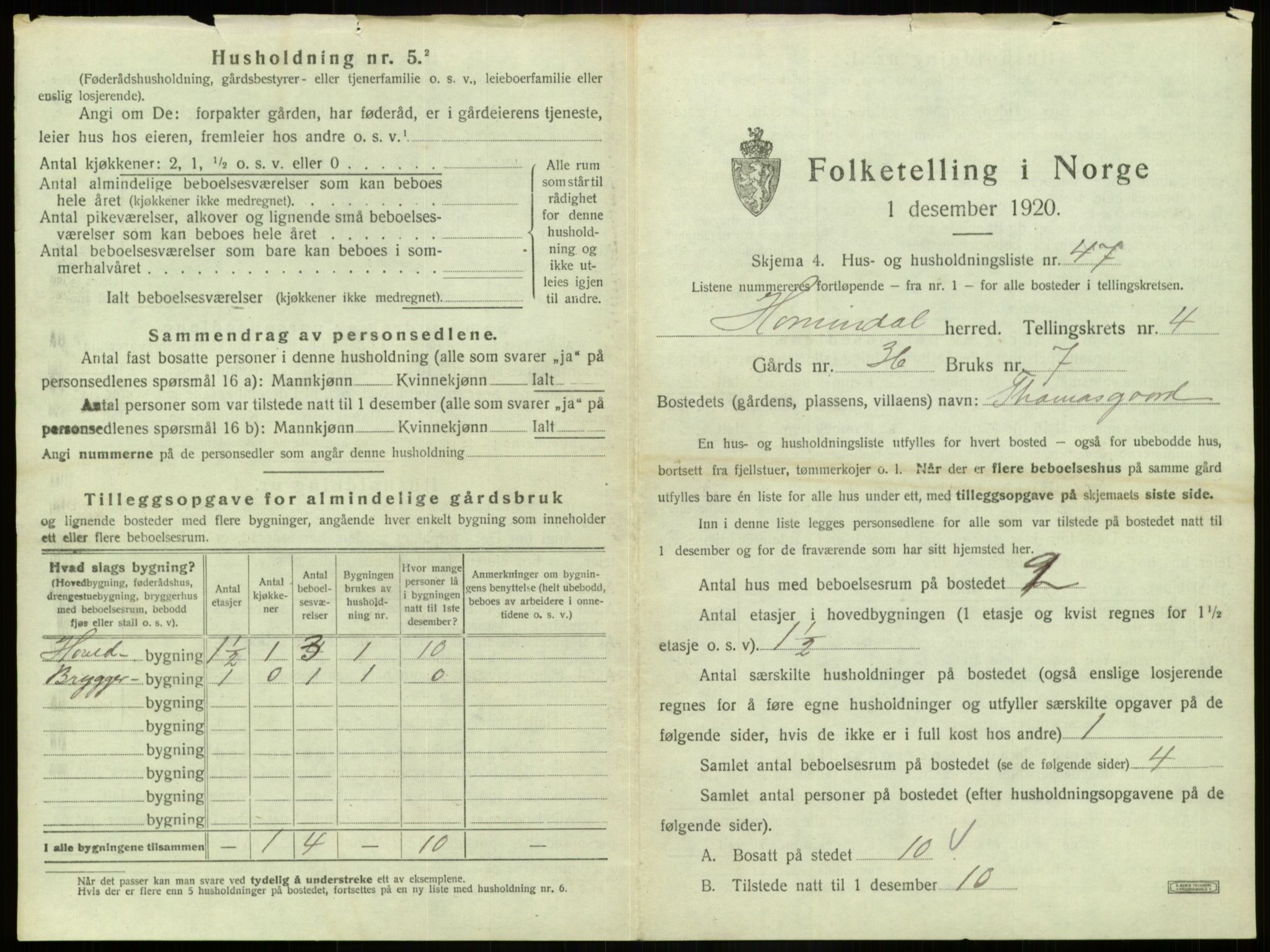 SAB, 1920 census for Hornindal, 1920, p. 304