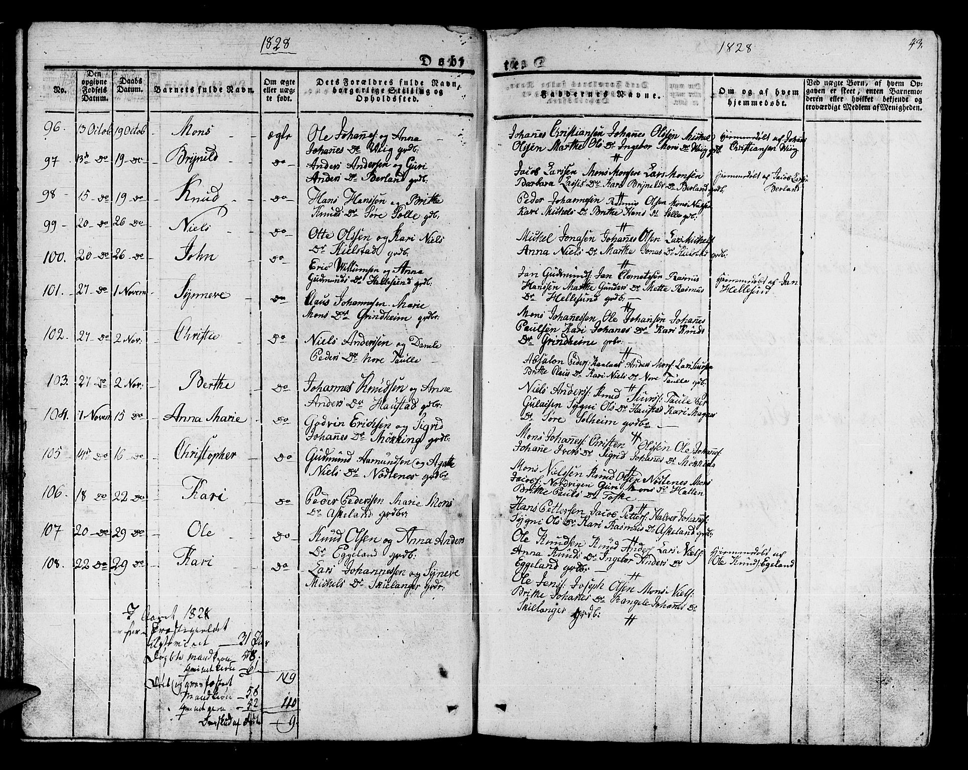 Manger sokneprestembete, SAB/A-76801/H/Haa: Parish register (official) no. A 4, 1824-1838, p. 43