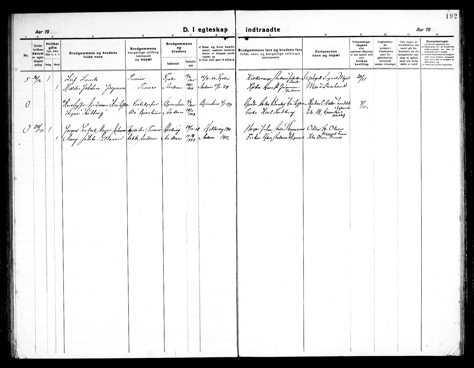 Ministerialprotokoller, klokkerbøker og fødselsregistre - Nordland, AV/SAT-A-1459/899/L1450: Parish register (copy) no. 899C05, 1918-1945, p. 192
