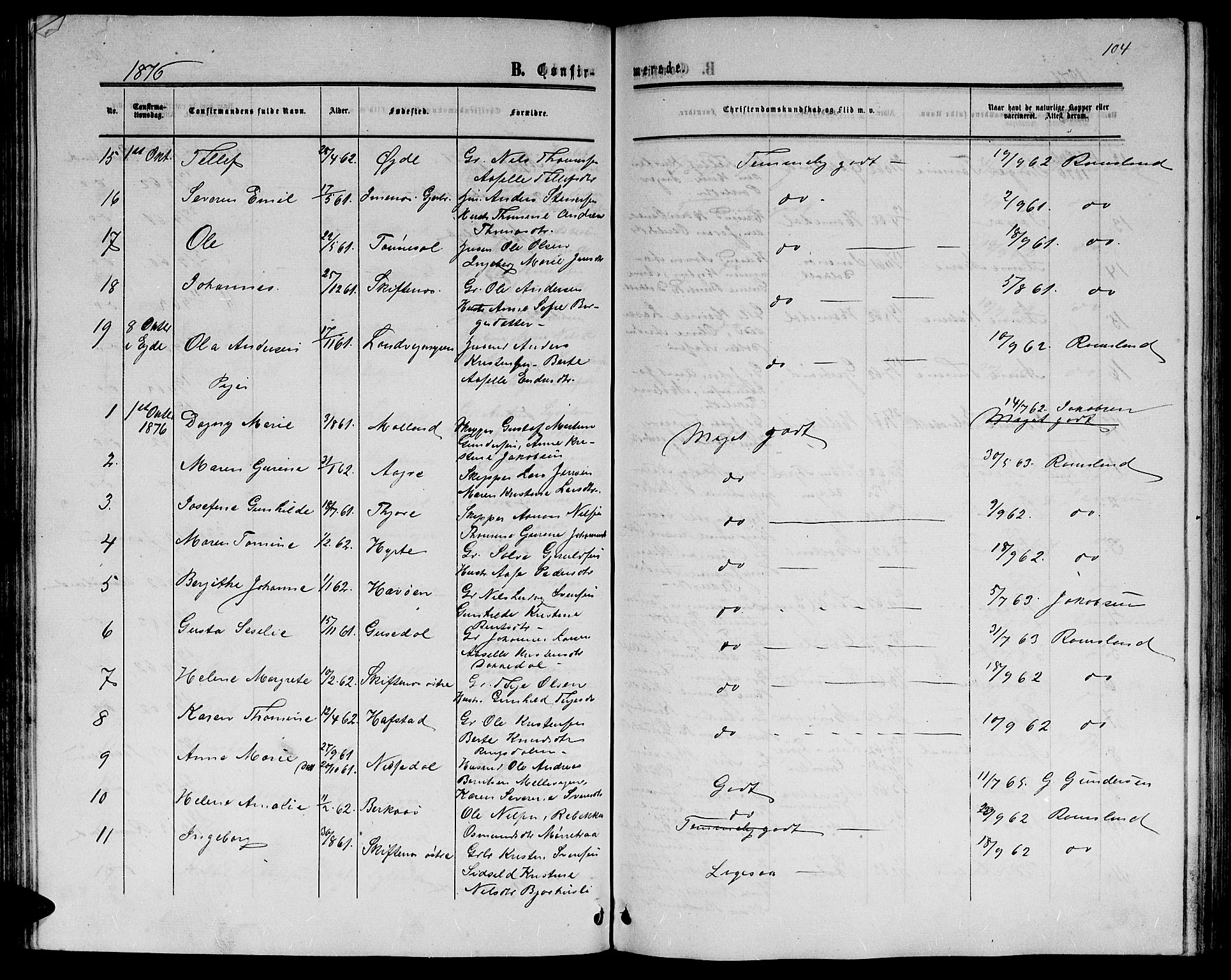 Hommedal sokneprestkontor, AV/SAK-1111-0023/F/Fb/Fbb/L0006: Parish register (copy) no. B 6, 1869-1884, p. 104