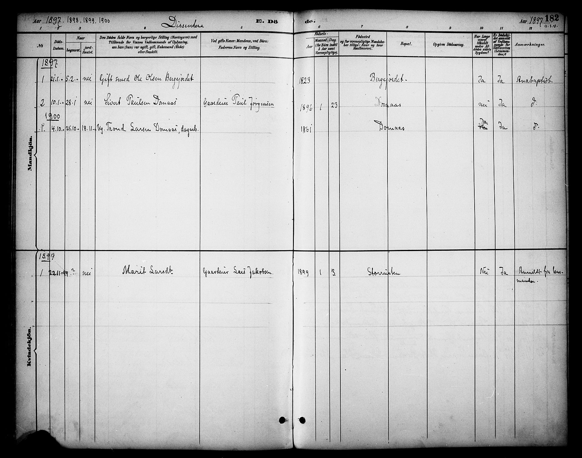 Dovre prestekontor, AV/SAH-PREST-066/H/Ha/Haa/L0003: Parish register (official) no. 3, 1891-1901, p. 182