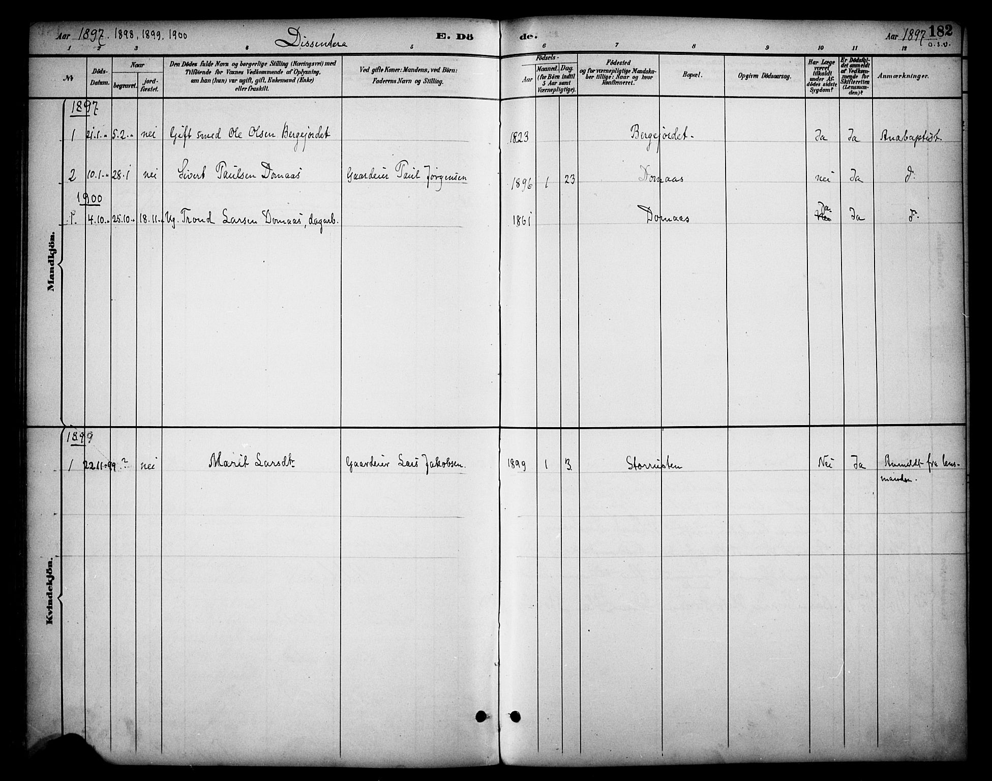 Dovre prestekontor, SAH/PREST-066/H/Ha/Haa/L0003: Parish register (official) no. 3, 1891-1901, p. 182