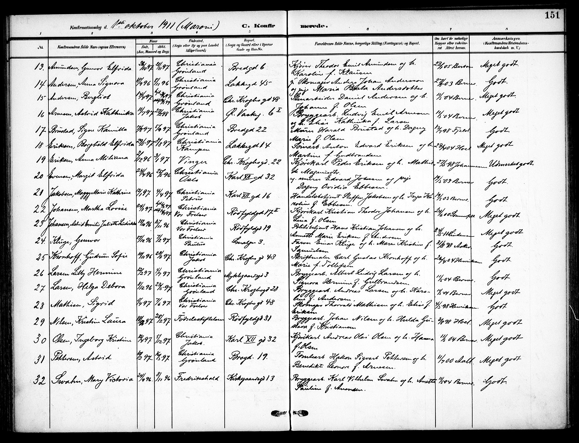 Vaterland prestekontor Kirkebøker, AV/SAO-A-10880/F/Fa/L0001: Parish register (official) no. 1, 1907-1930, p. 151