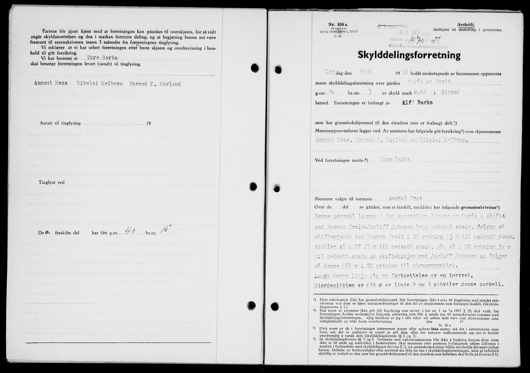 Ryfylke tingrett, SAST/A-100055/001/II/IIB/L0114: Mortgage book no. 93, 1951-1951, Diary no: : 1470/1951
