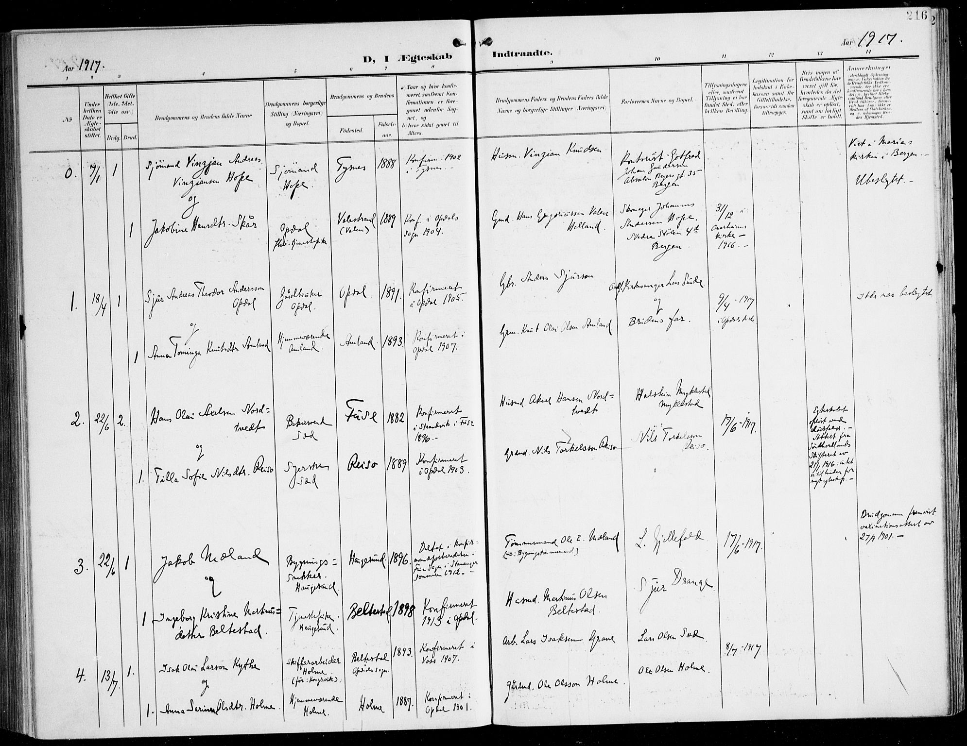 Tysnes sokneprestembete, AV/SAB-A-78601/H/Haa: Parish register (official) no. D 2, 1905-1922, p. 216