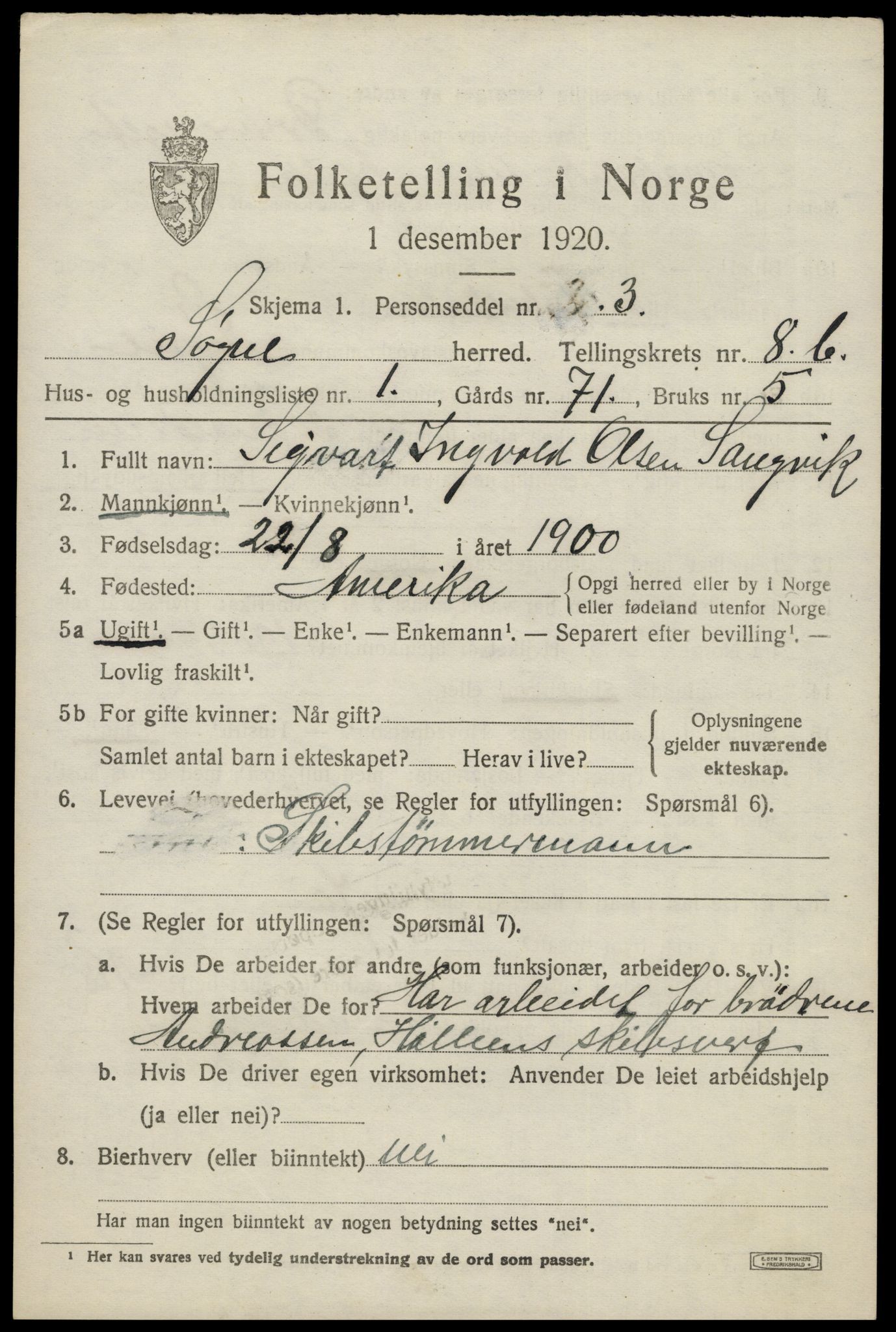 SAK, 1920 census for Søgne, 1920, p. 4607