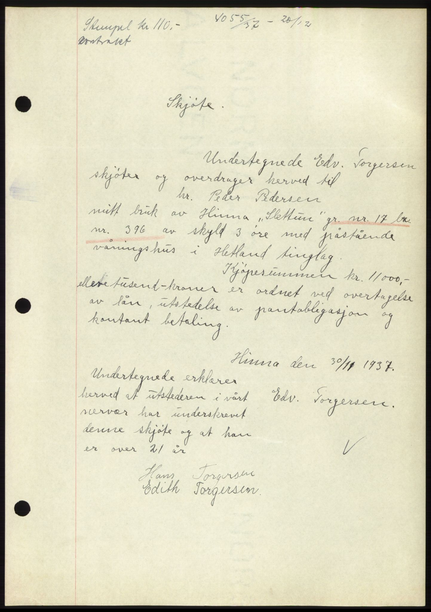 Jæren sorenskriveri, SAST/A-100310/03/G/Gba/L0069: Mortgage book, 1937-1937, Diary no: : 4055/1937