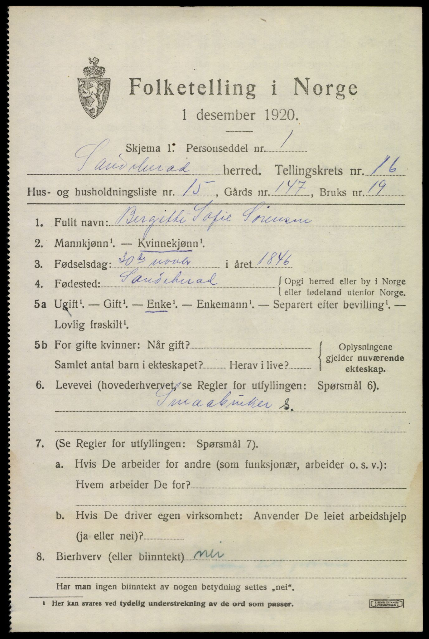 SAKO, 1920 census for Sandeherred, 1920, p. 24980