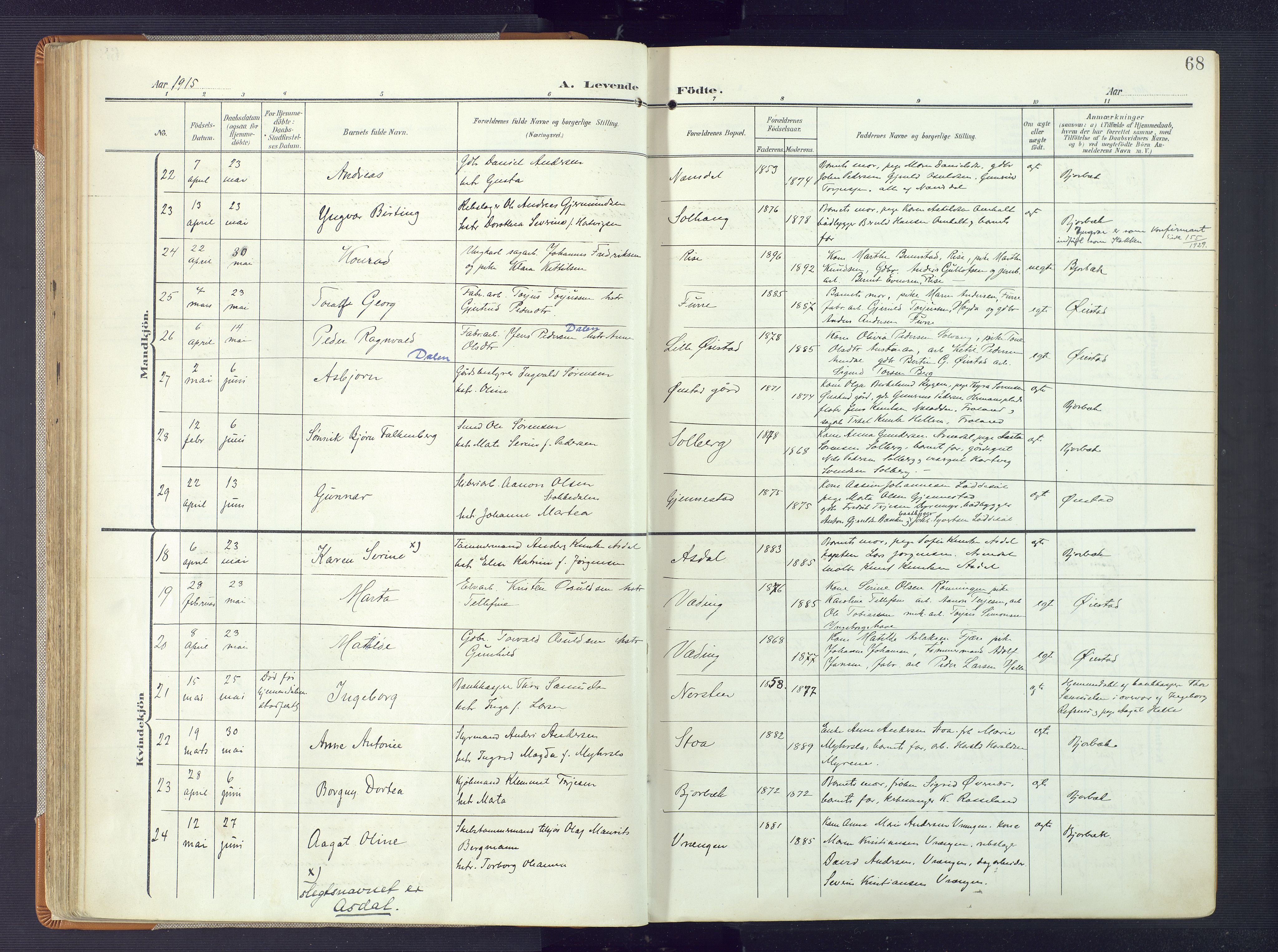 Øyestad sokneprestkontor, AV/SAK-1111-0049/F/Fa/L0019: Parish register (official) no. A 19, 1908-1922, p. 68