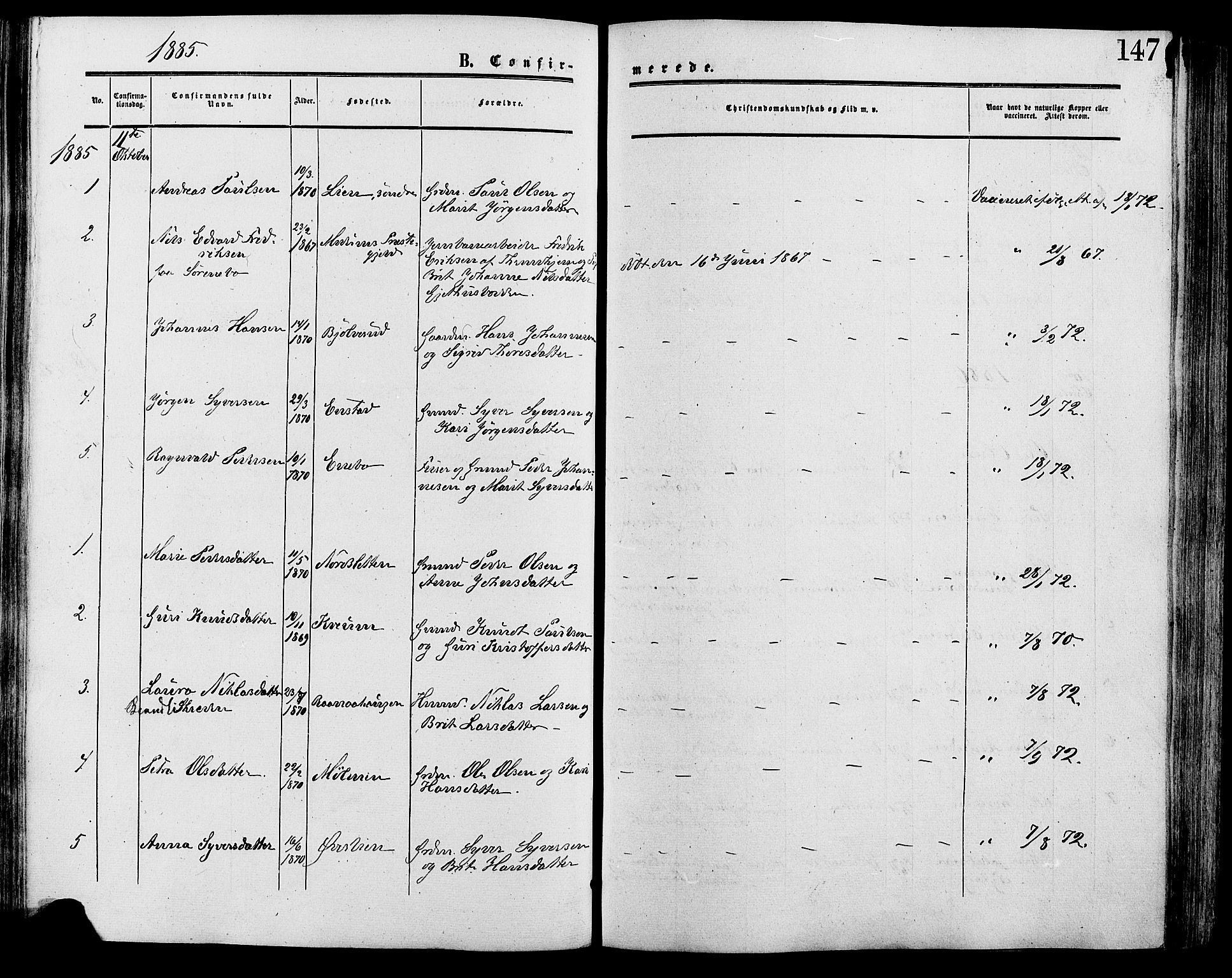 Lesja prestekontor, SAH/PREST-068/H/Ha/Haa/L0009: Parish register (official) no. 9, 1854-1889, p. 147