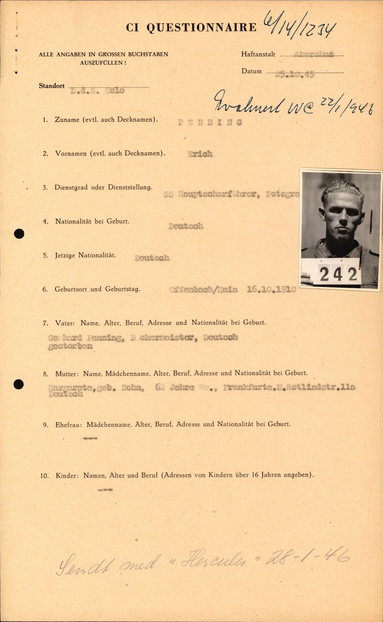 Forsvaret, Forsvarets overkommando II, AV/RA-RAFA-3915/D/Db/L0025: CI Questionaires. Tyske okkupasjonsstyrker i Norge. Tyskere., 1945-1946, p. 471