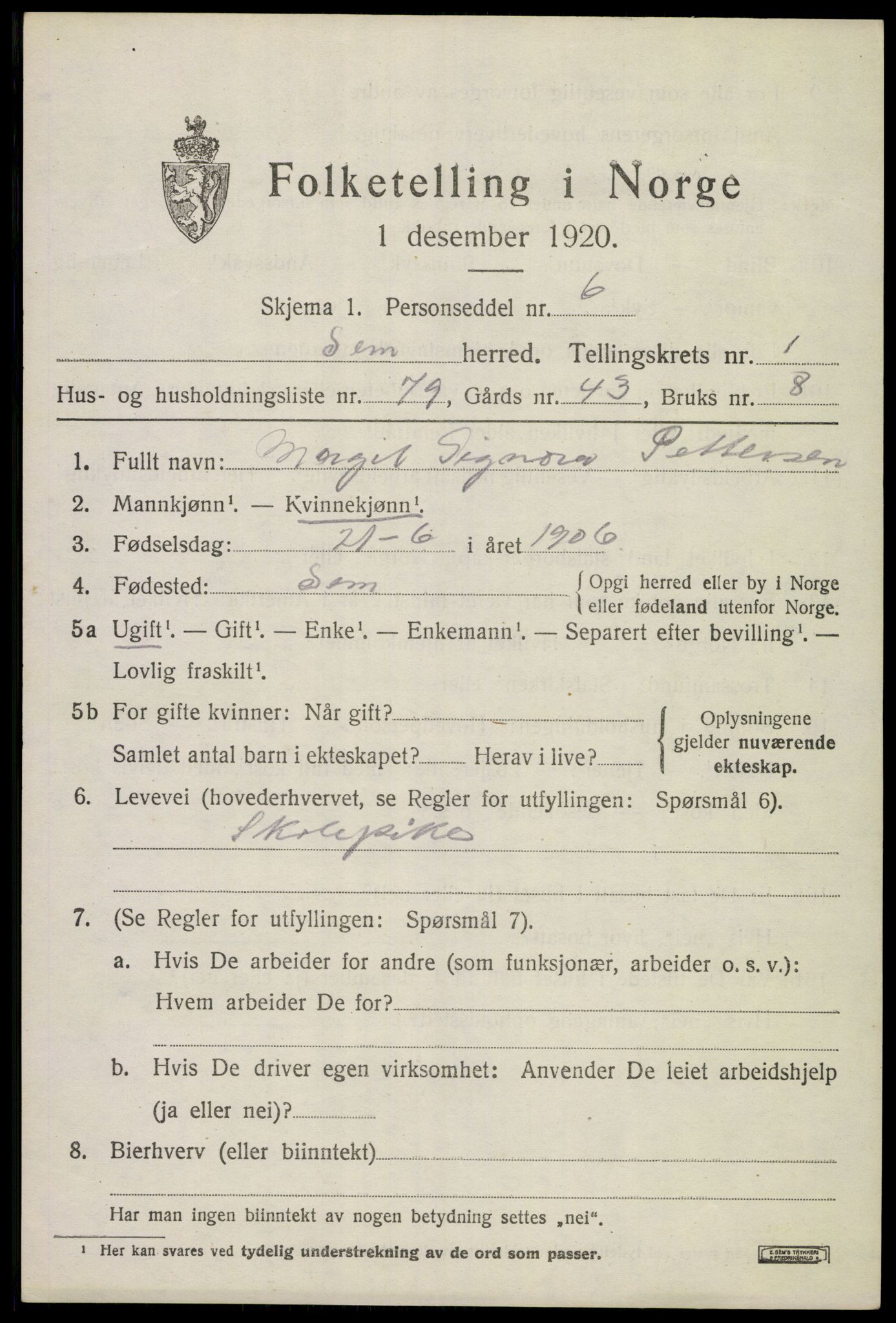 SAKO, 1920 census for Sem, 1920, p. 3629