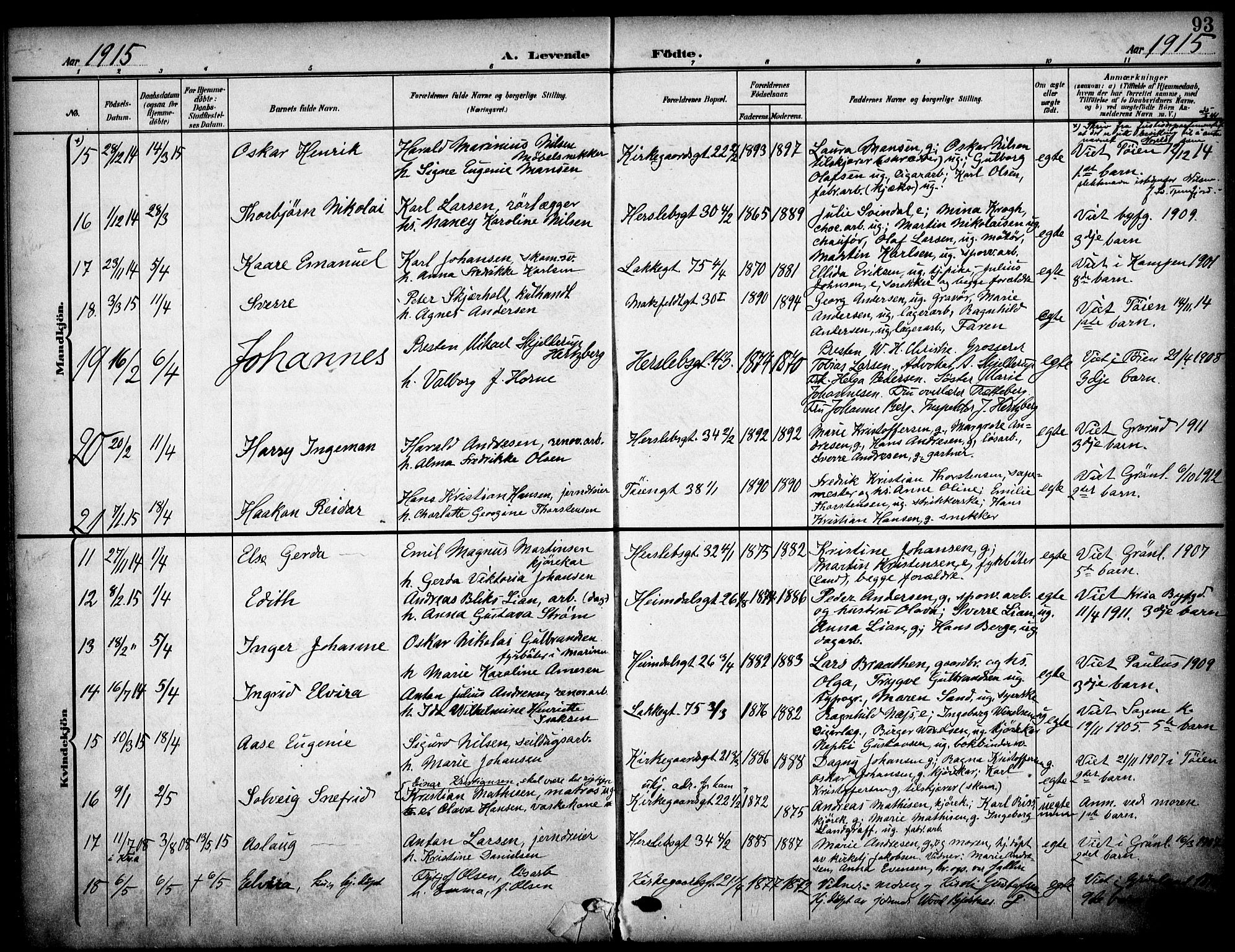 Tøyen prestekontor Kirkebøker, AV/SAO-A-10167a/F/Fa/L0001: Parish register (official) no. I 1, 1907-1916, p. 93