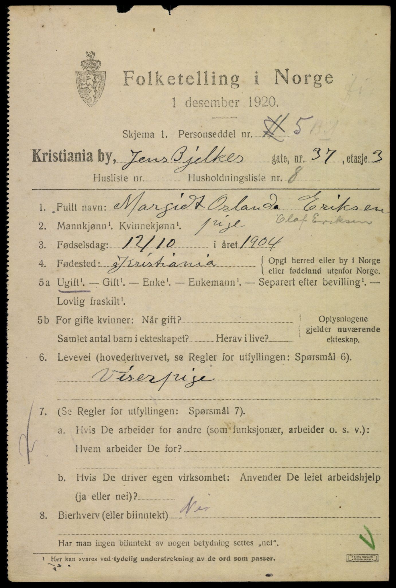 SAO, 1920 census for Kristiania, 1920, p. 319803