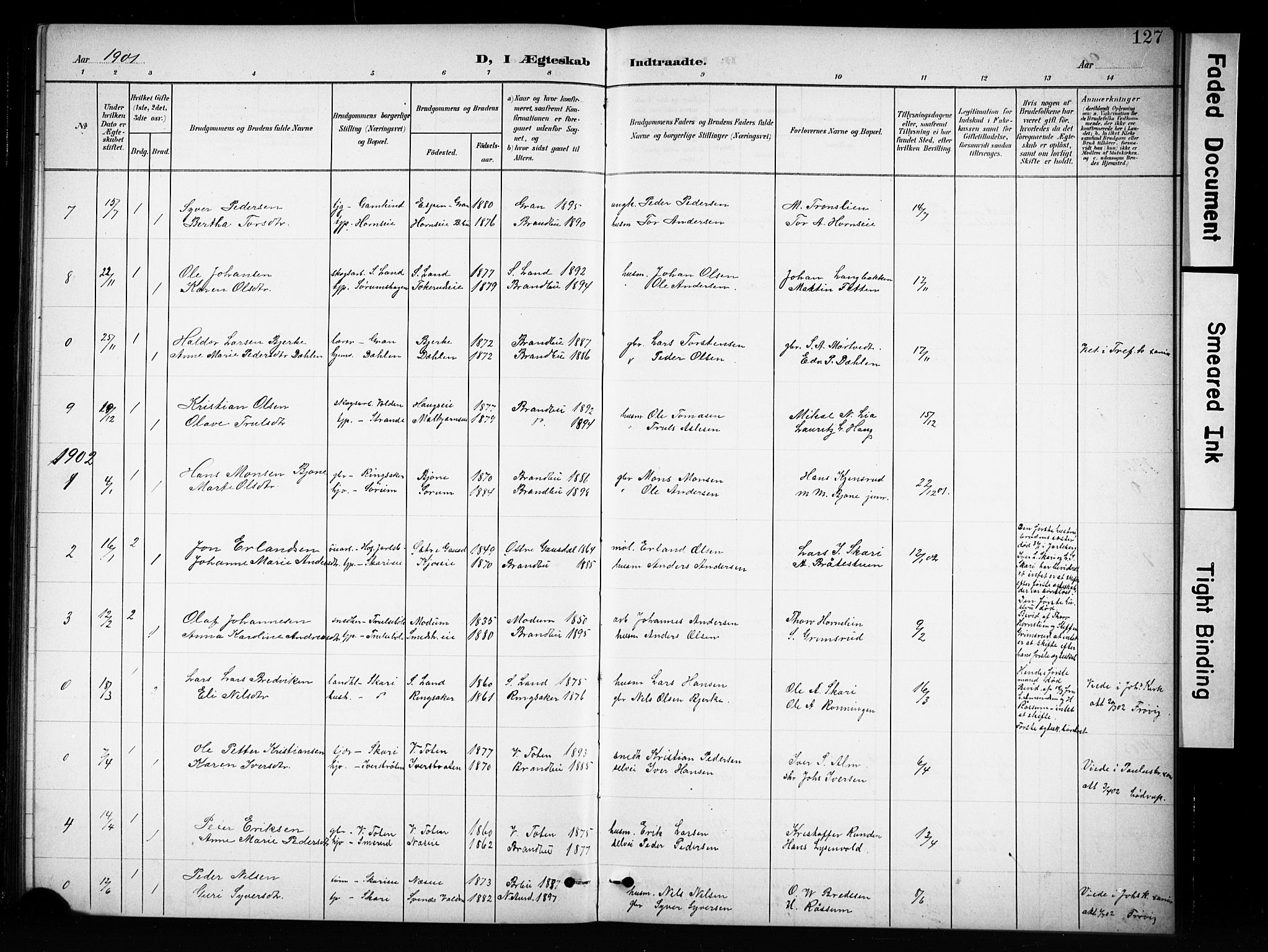 Brandbu prestekontor, SAH/PREST-114/H/Ha/Hab/L0005: Parish register (copy) no. 5, 1900-1913, p. 127