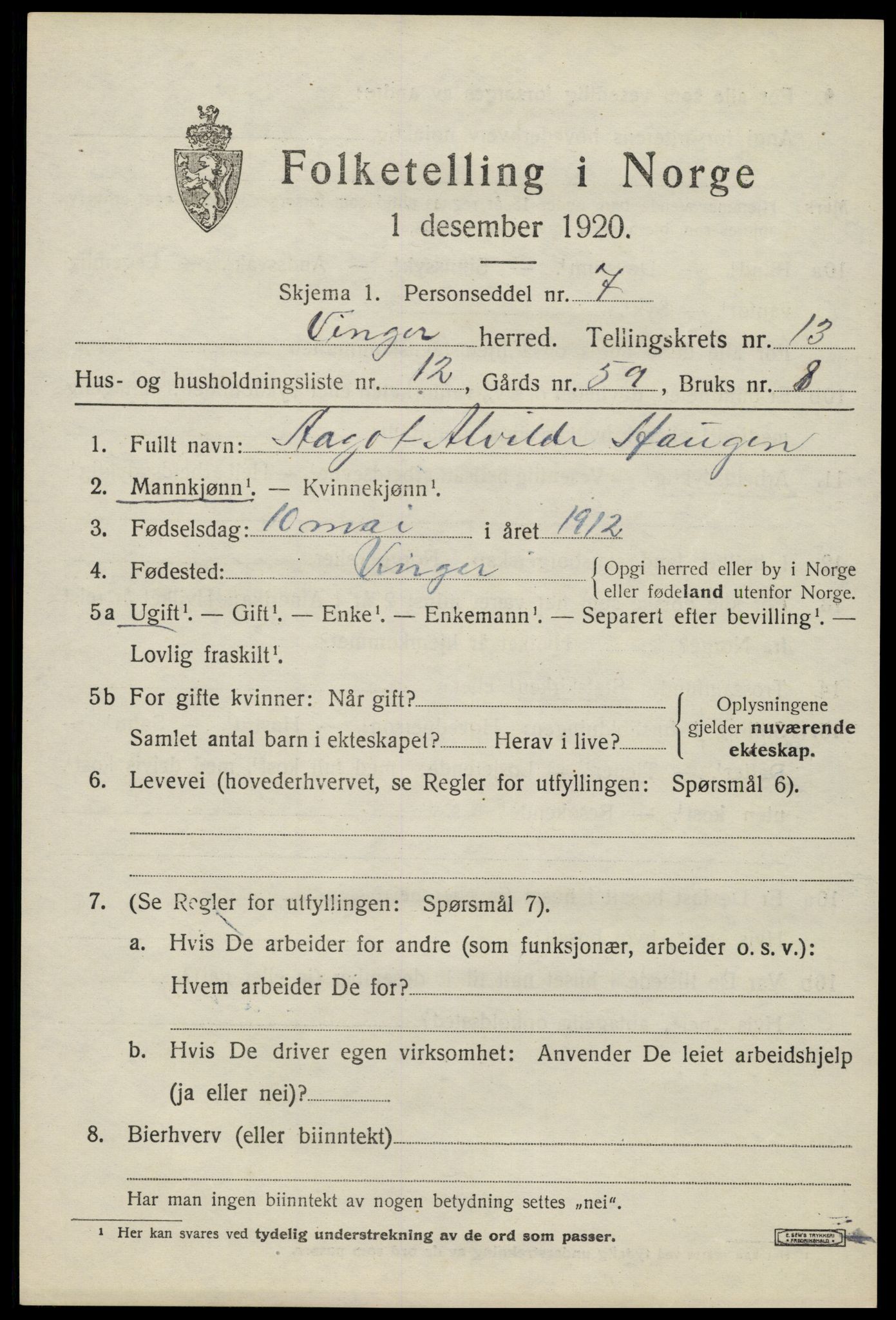 SAH, 1920 census for Vinger, 1920, p. 11218