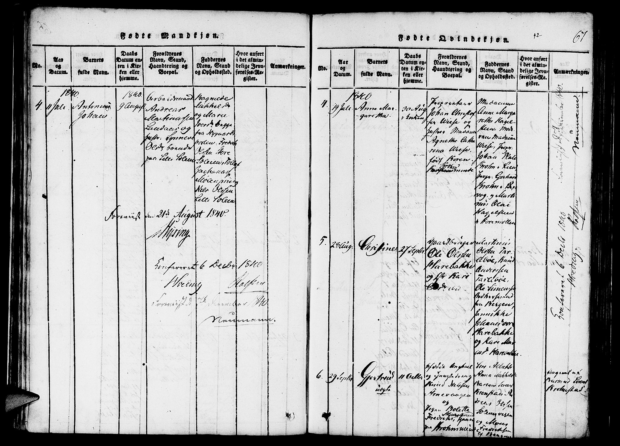 St. Jørgens hospital og Årstad sokneprestembete, AV/SAB-A-99934: Parish register (official) no. A 3, 1815-1843, p. 67