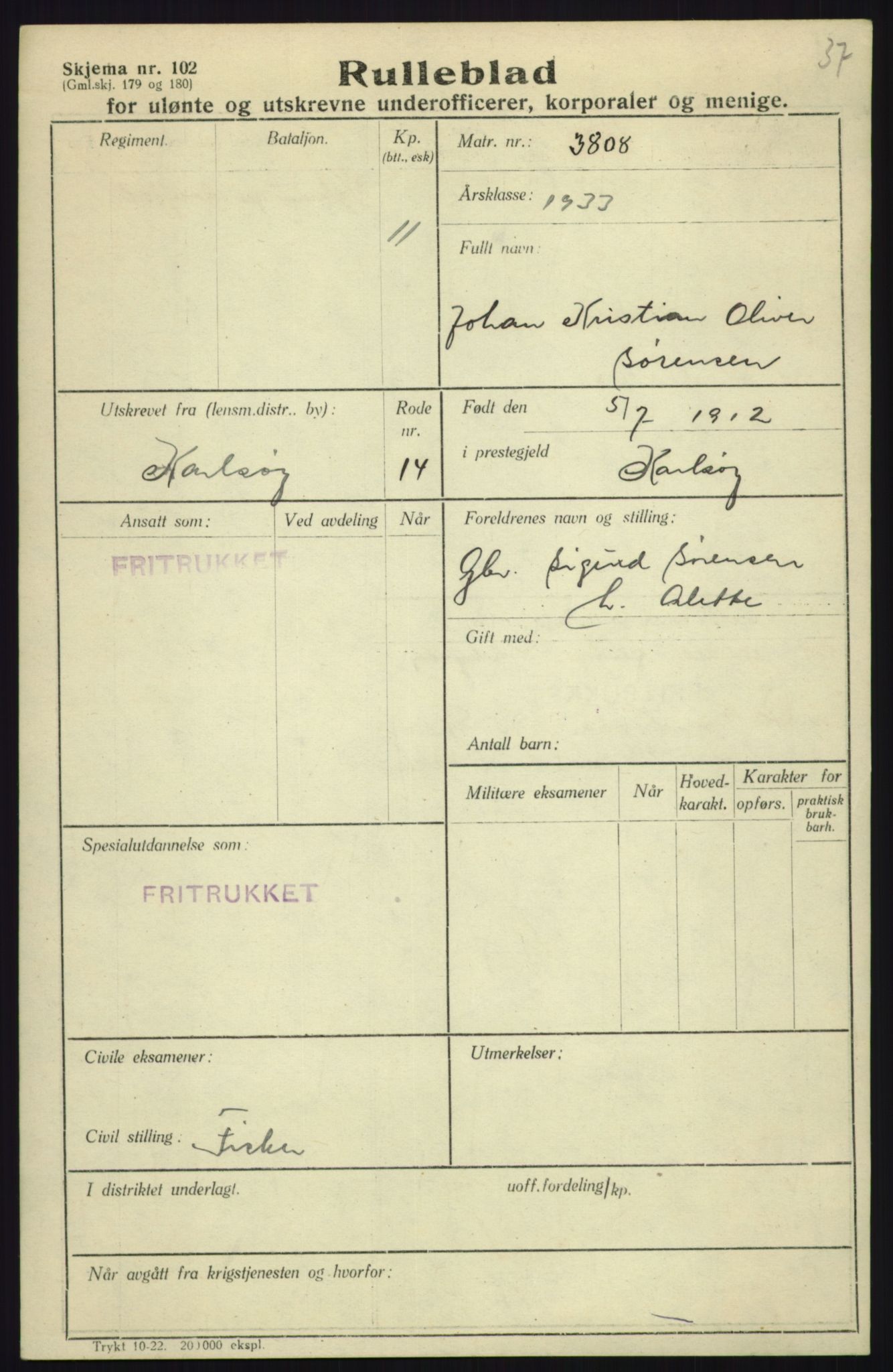 Forsvaret, Troms infanteriregiment nr. 16, AV/RA-RAFA-3146/P/Pa/L0017: Rulleblad for regimentets menige mannskaper, årsklasse 1933, 1933, p. 1269