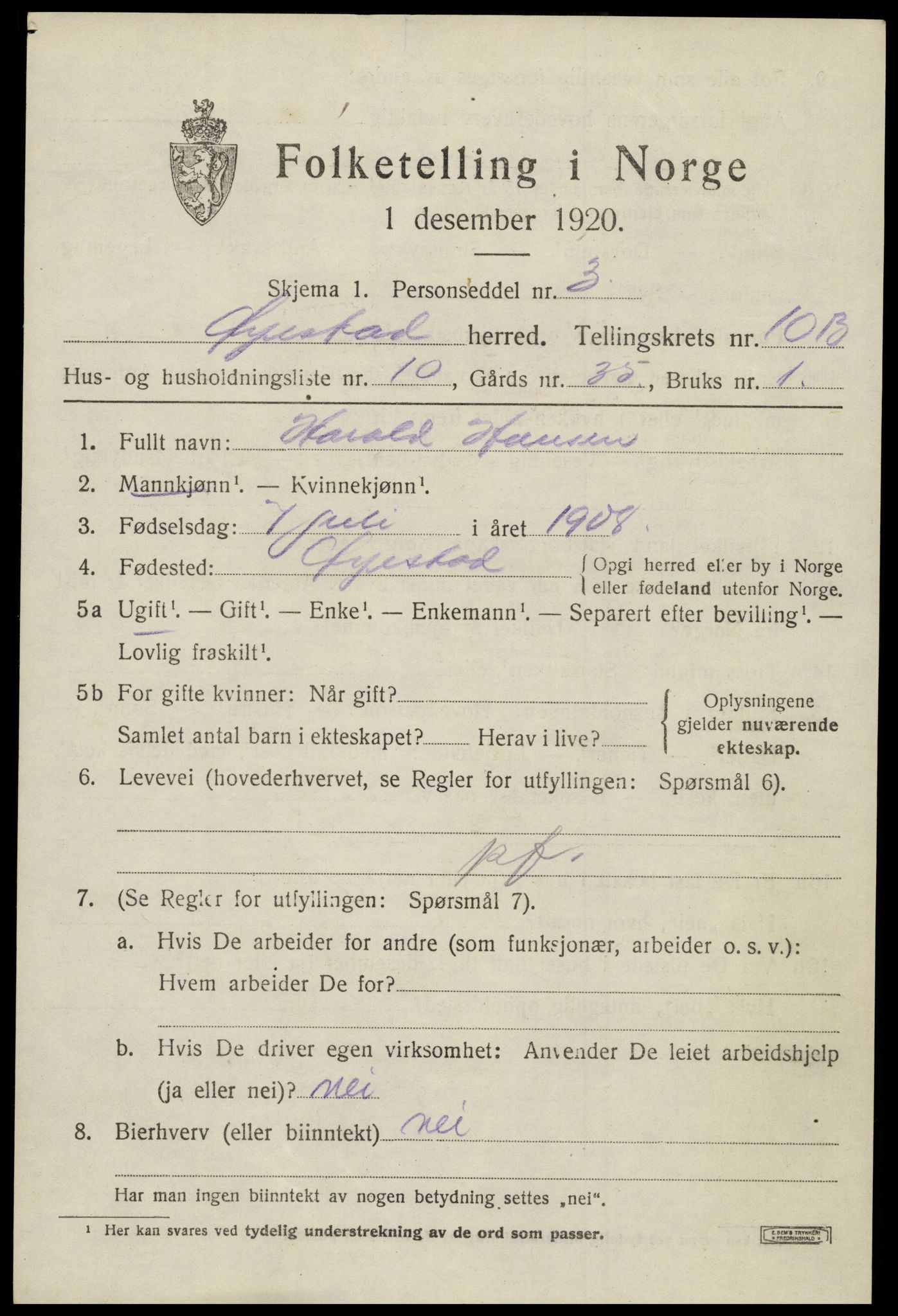 SAK, 1920 census for Øyestad, 1920, p. 6488