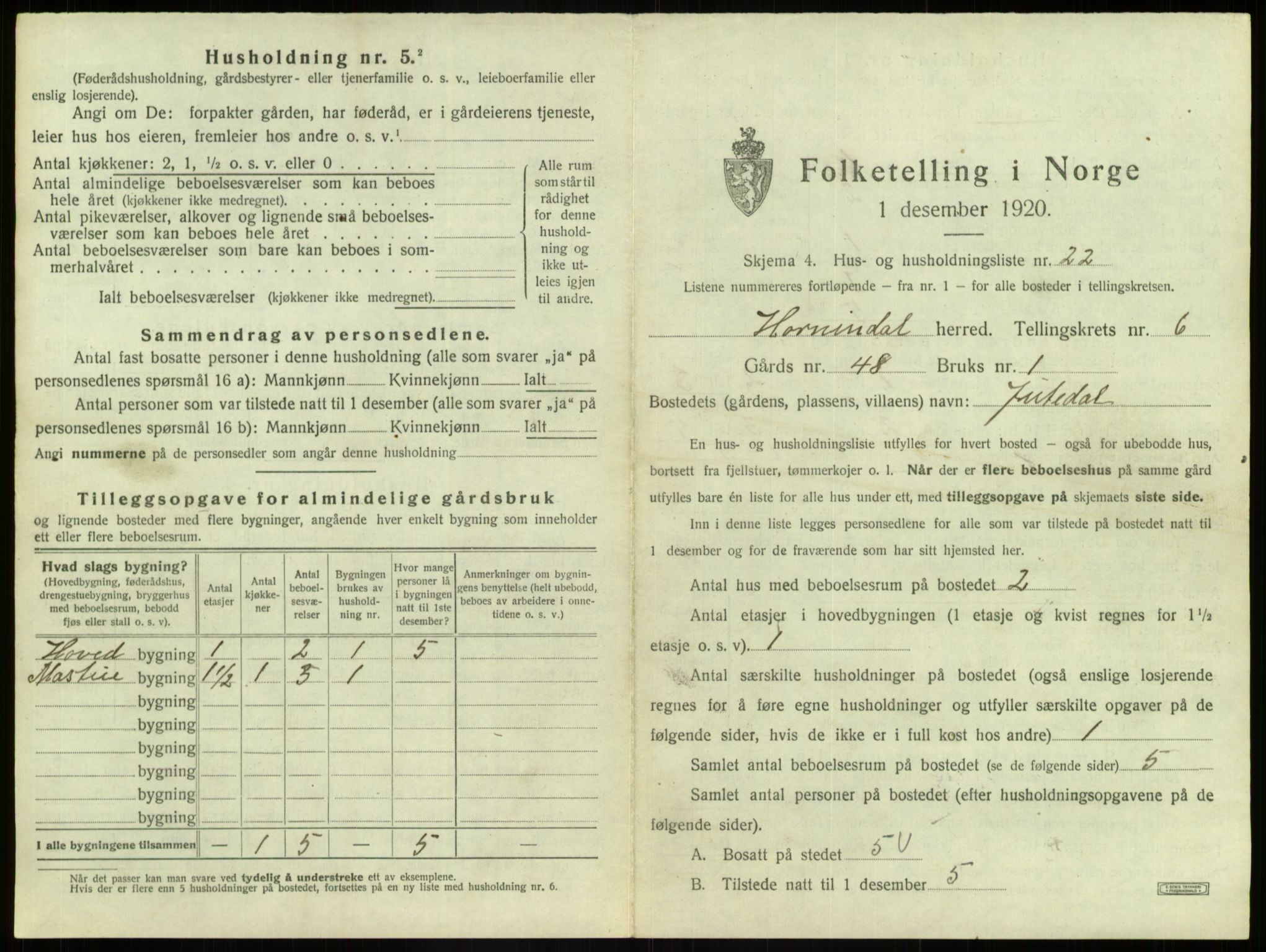 SAB, 1920 census for Hornindal, 1920, p. 470