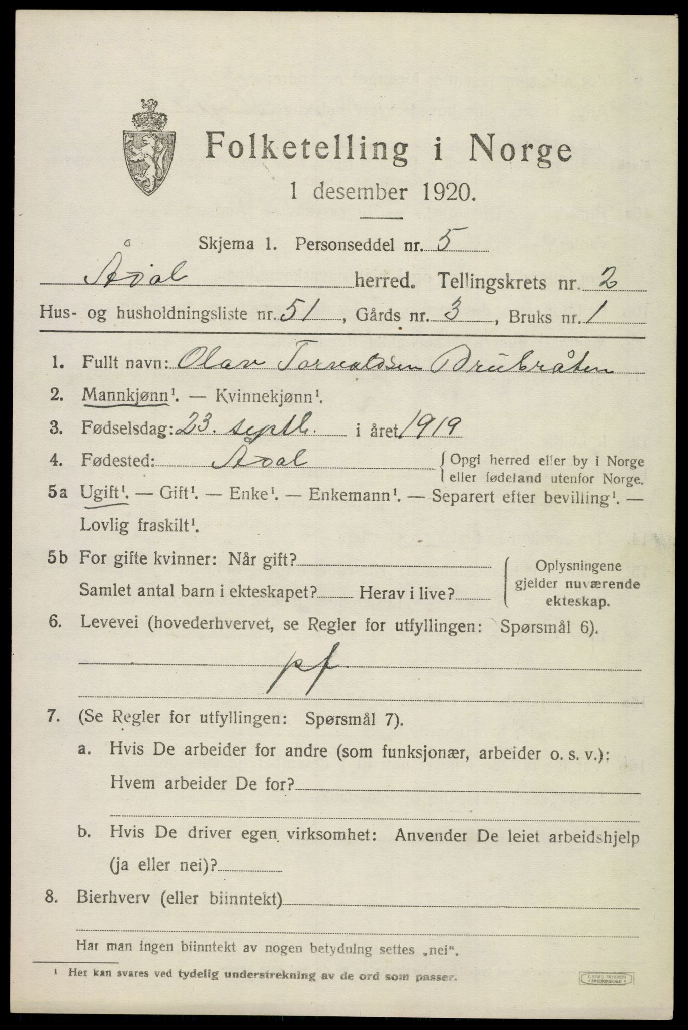 SAKO, 1920 census for Ådal, 1920, p. 2780