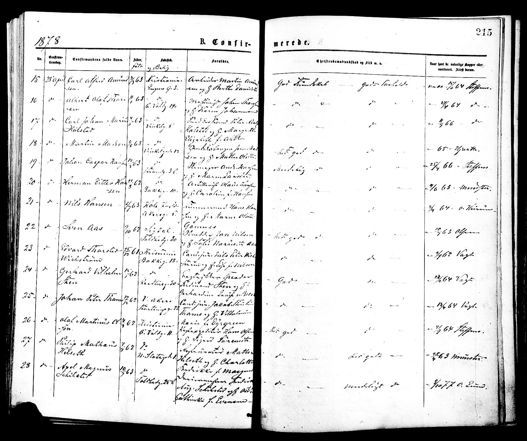 Johannes prestekontor Kirkebøker, SAO/A-10852/F/Fa/L0001: Parish register (official) no. 1, 1875-1881, p. 215