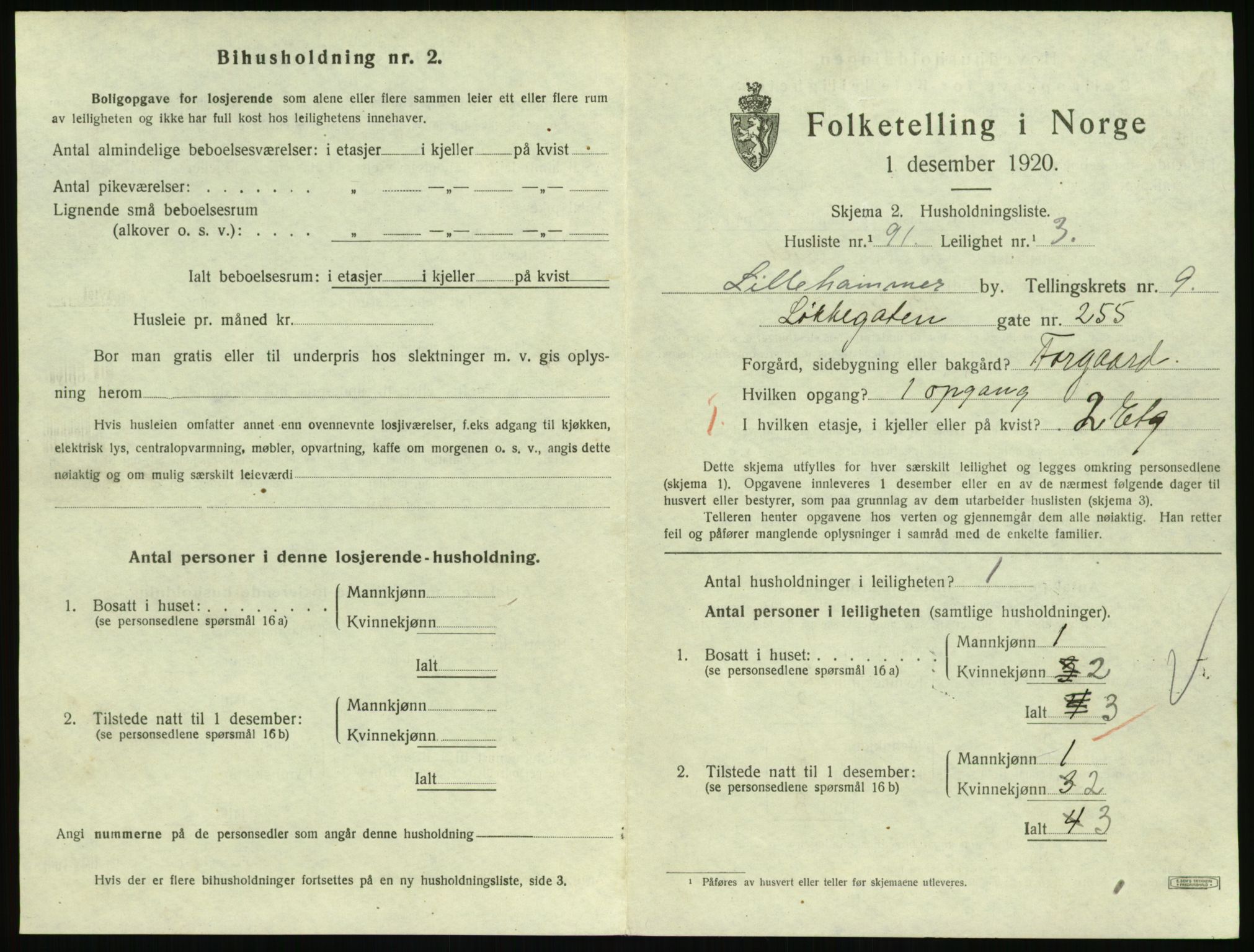 SAH, 1920 census for Lillehammer, 1920, p. 3378