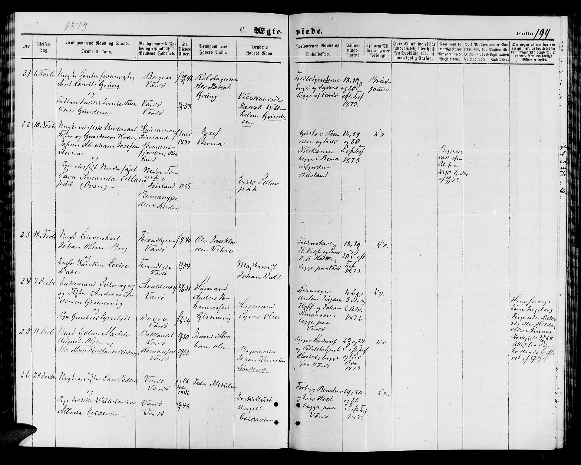 Vardø sokneprestkontor, AV/SATØ-S-1332/H/Hb/L0003klokker: Parish register (copy) no. 3, 1871-1878, p. 194