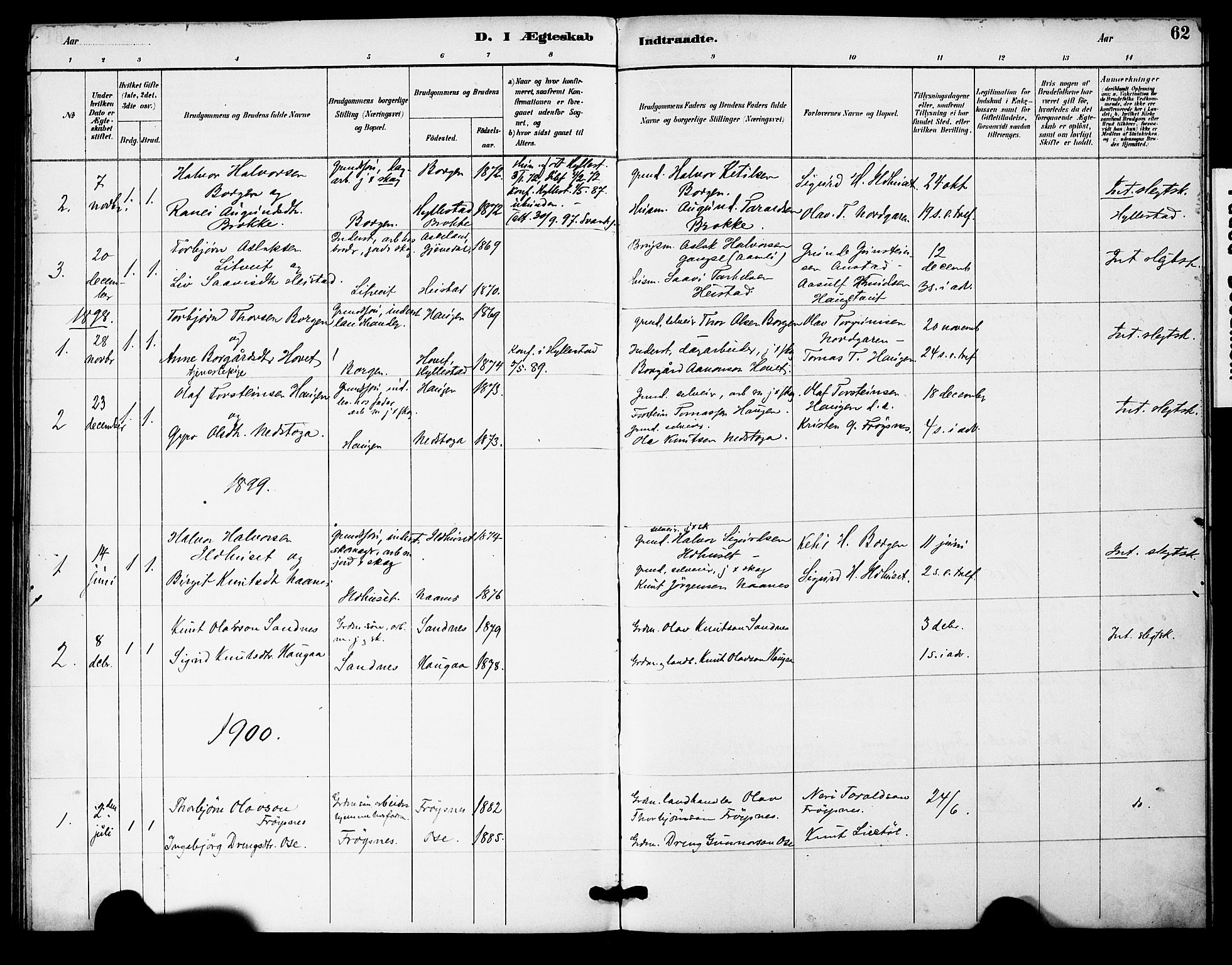 Bygland sokneprestkontor, SAK/1111-0006/F/Fa/Fac/L0001: Parish register (official) no. A 1, 1885-1909, p. 62