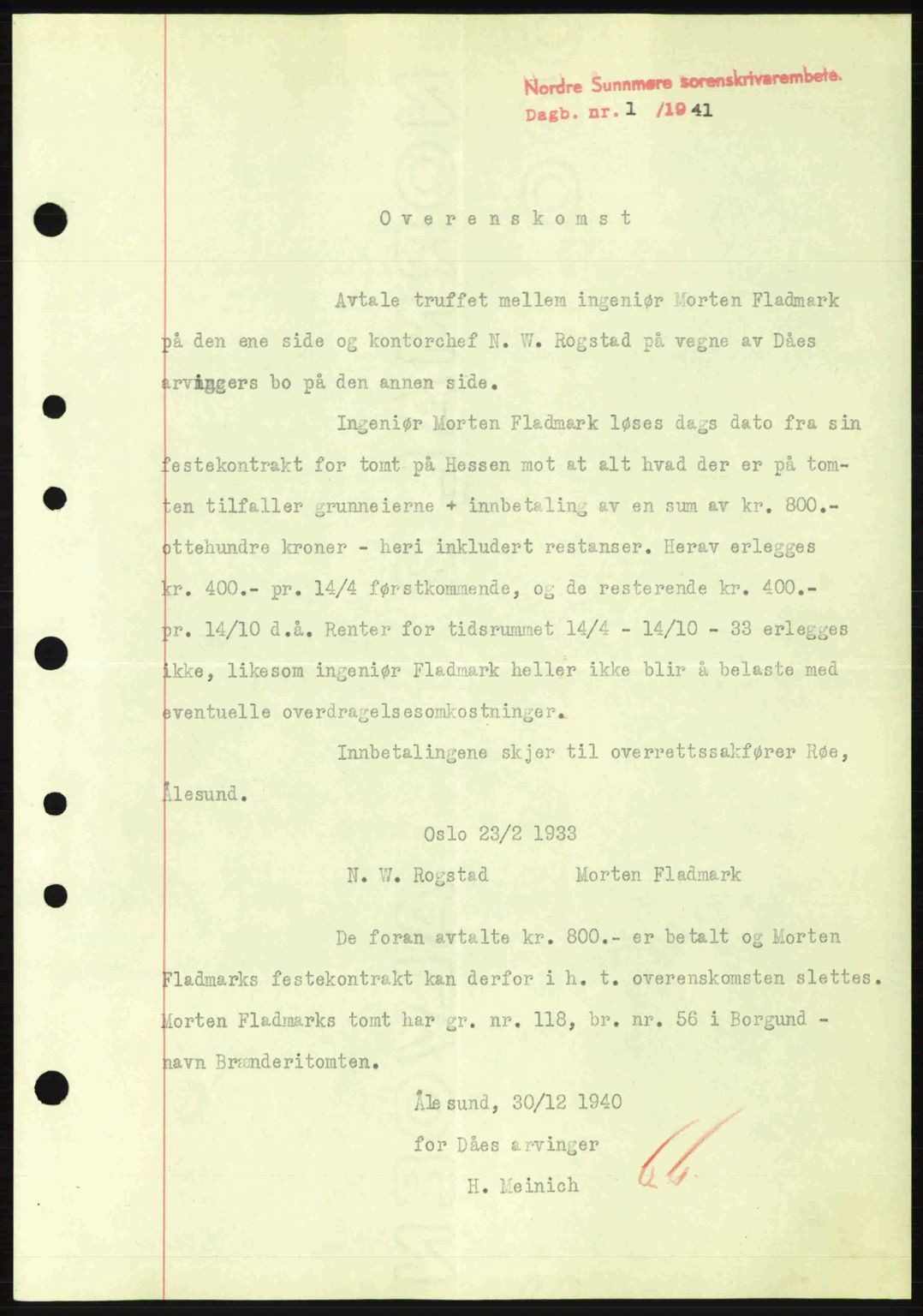 Nordre Sunnmøre sorenskriveri, SAT/A-0006/1/2/2C/2Ca: Mortgage book no. B1-6, 1938-1942, Diary no: : 1/1941