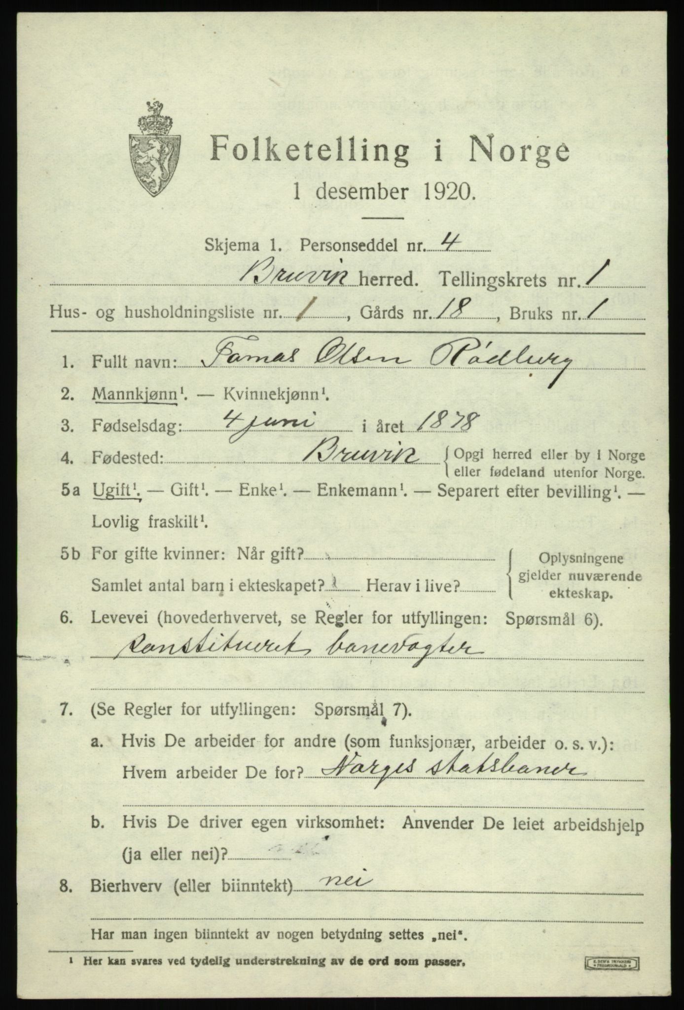 SAB, 1920 census for Bruvik, 1920, p. 1104