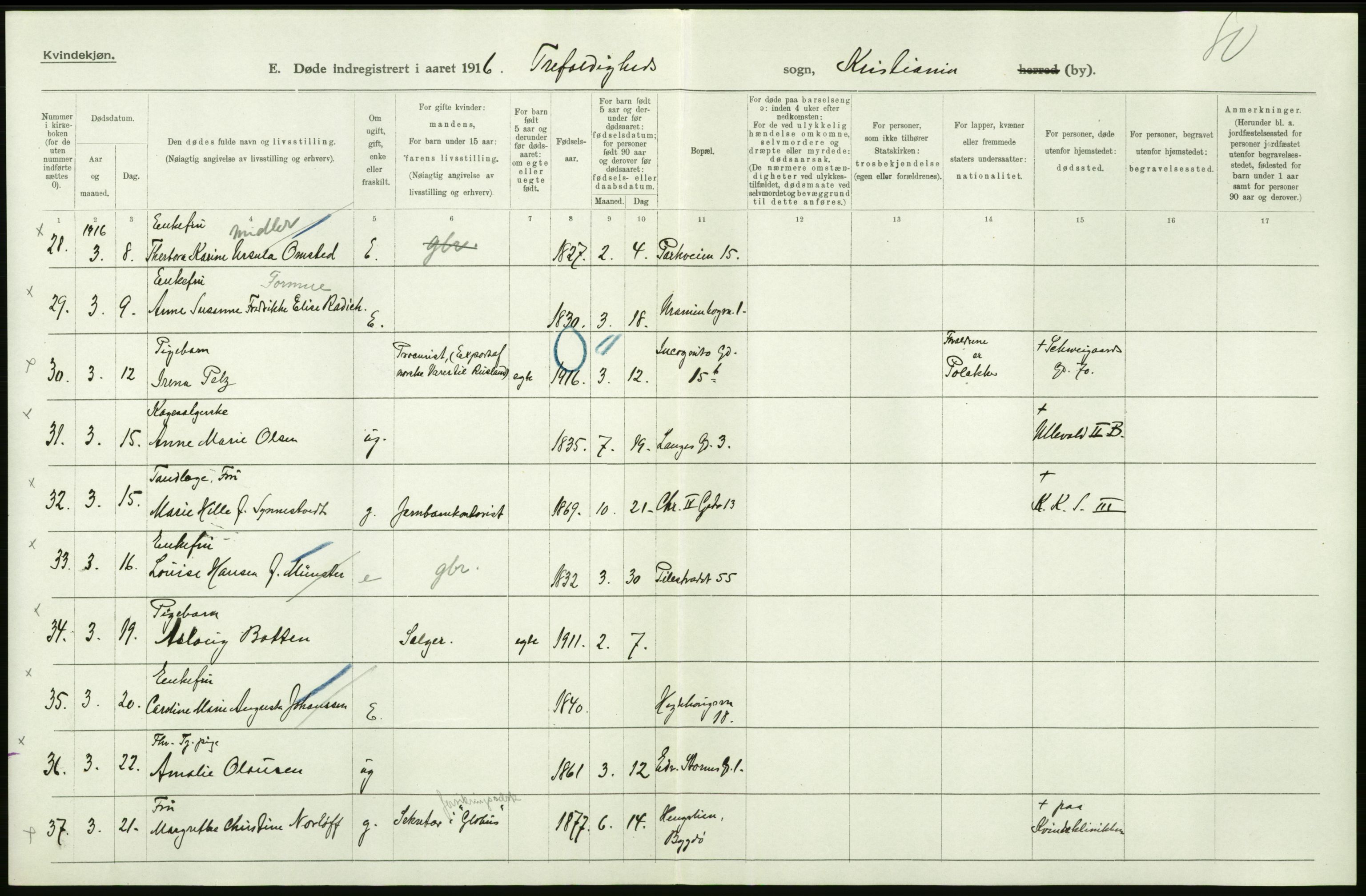 Statistisk sentralbyrå, Sosiodemografiske emner, Befolkning, AV/RA-S-2228/D/Df/Dfb/Dfbf/L0010: Kristiania: Døde, dødfødte., 1916, p. 118