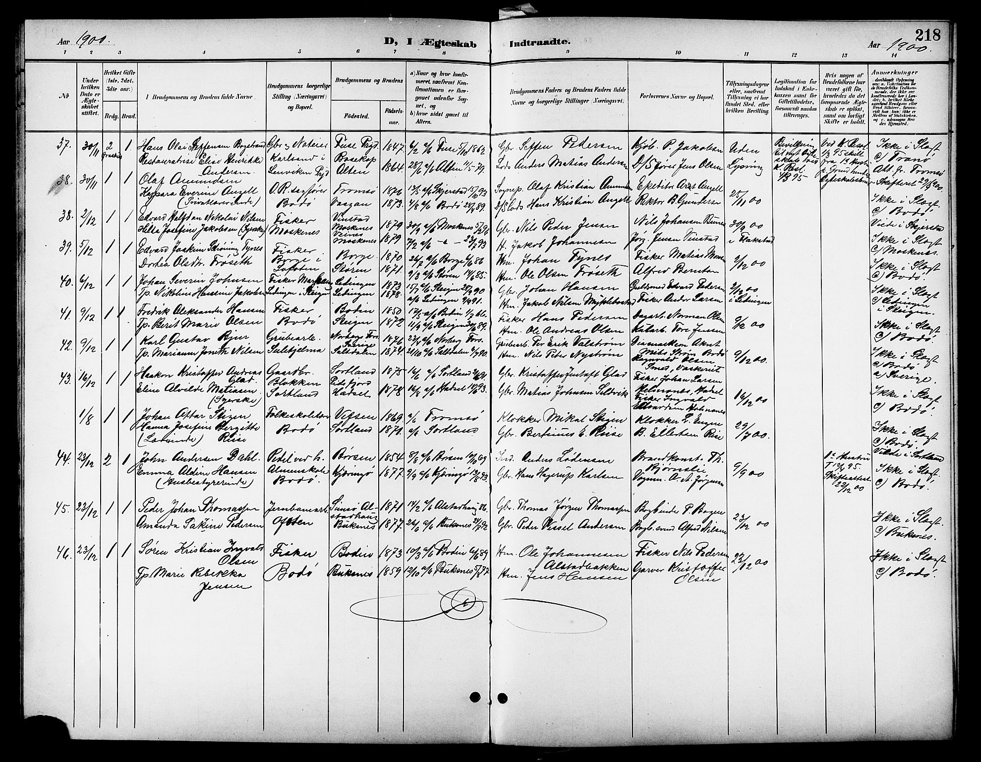 Ministerialprotokoller, klokkerbøker og fødselsregistre - Nordland, AV/SAT-A-1459/801/L0033: Parish register (copy) no. 801C08, 1898-1910, p. 218