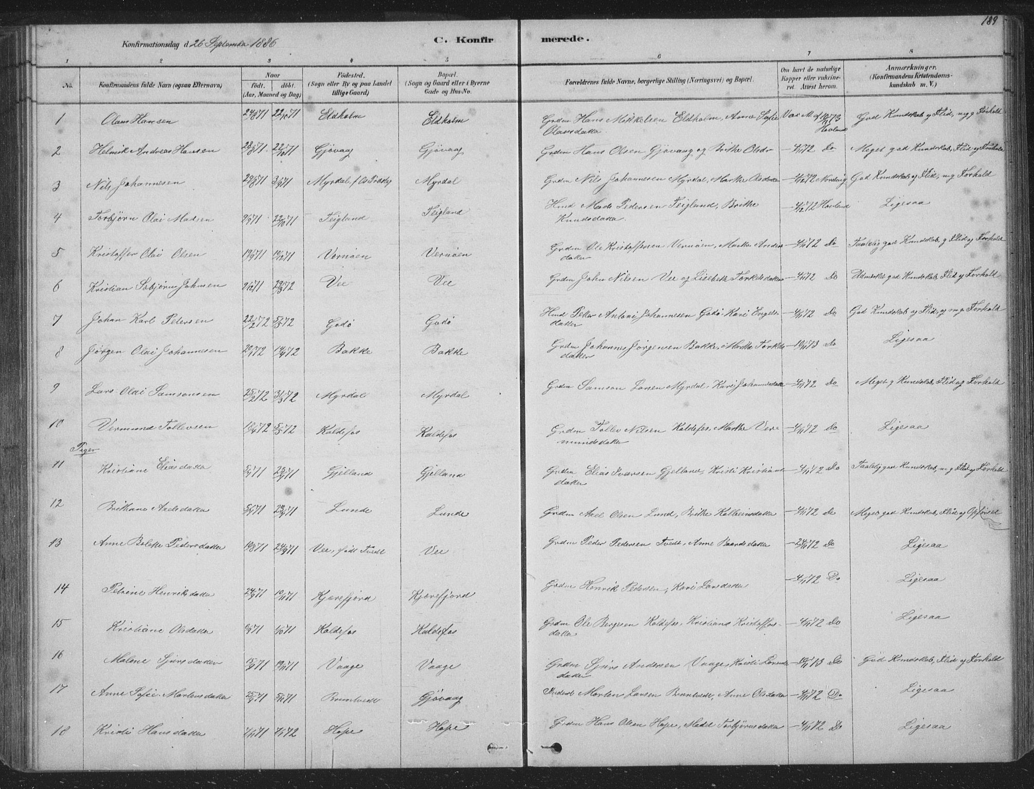 Tysnes sokneprestembete, AV/SAB-A-78601/H/Hab: Parish register (copy) no. B 2, 1878-1918, p. 189