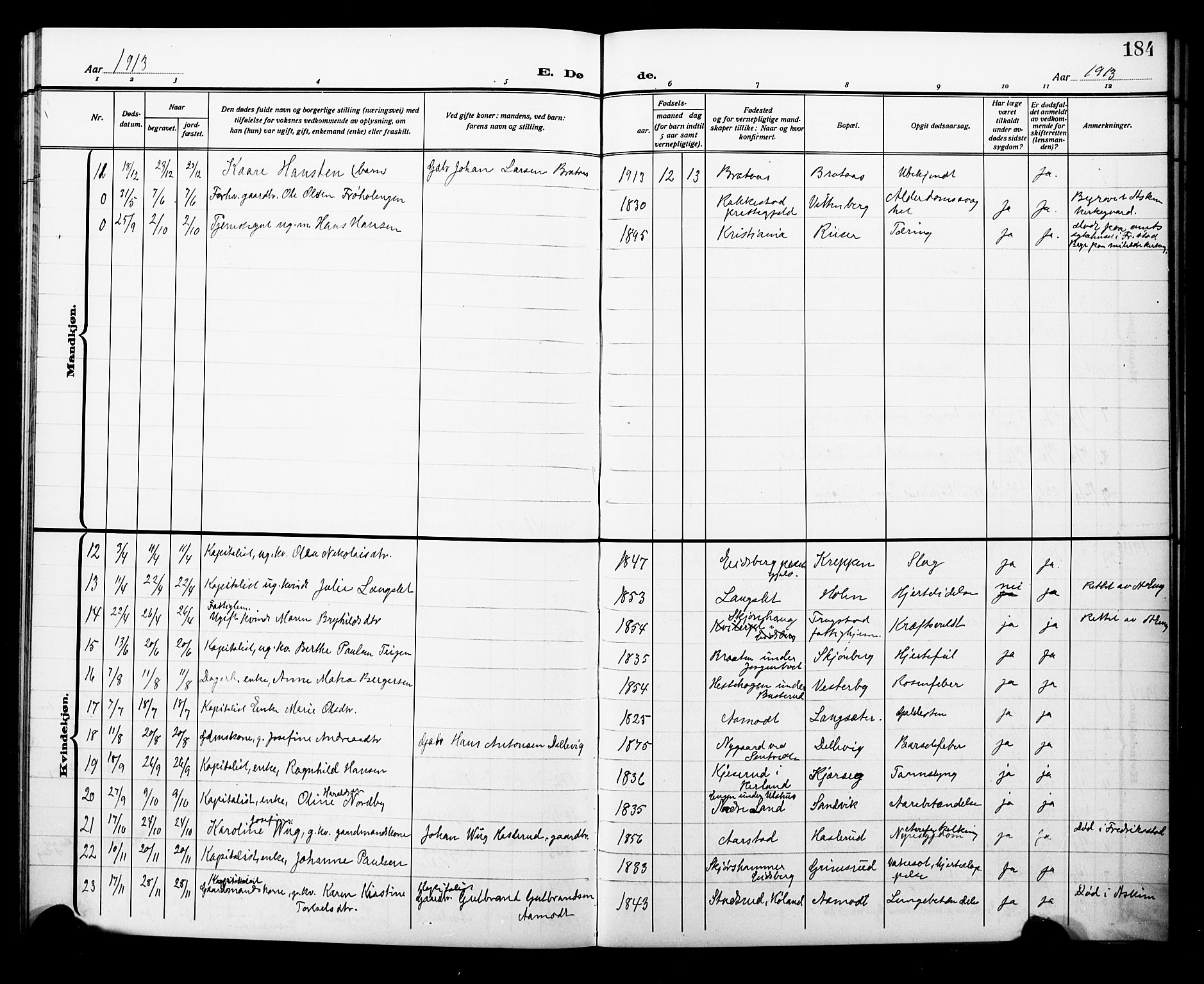 Trøgstad prestekontor Kirkebøker, AV/SAO-A-10925/G/Ga/L0002: Parish register (copy) no. I 2, 1911-1929, p. 184