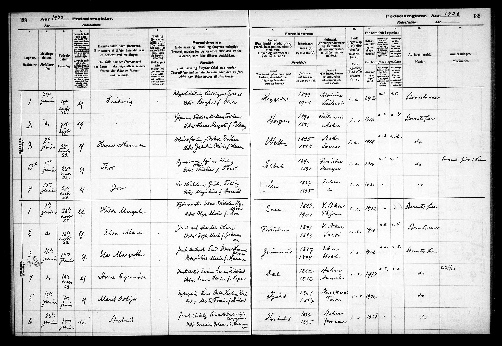 Asker prestekontor Kirkebøker, AV/SAO-A-10256a/J/L0001: Birth register no. 1, 1916-1925, p. 138