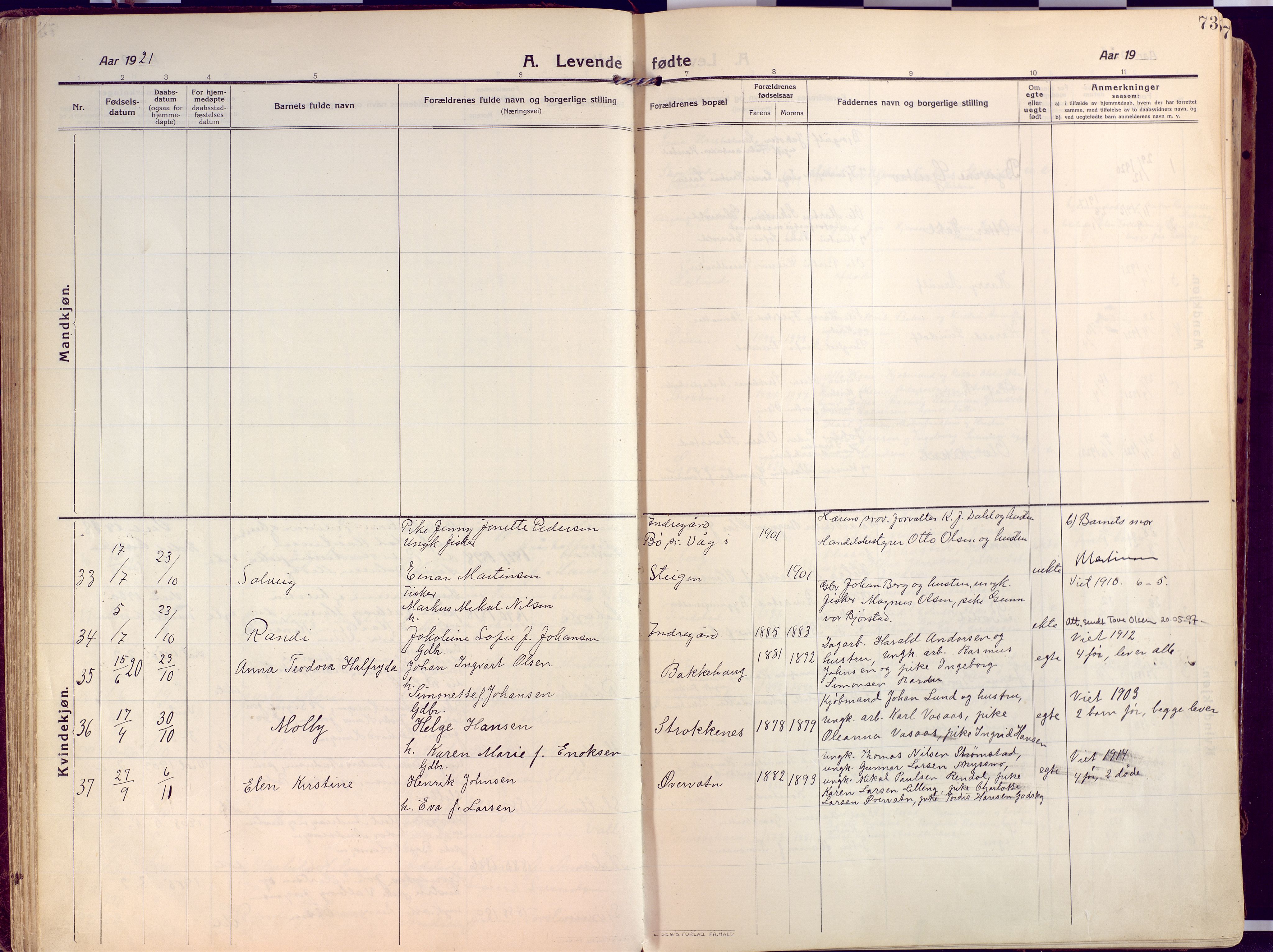 Salangen sokneprestembete, AV/SATØ-S-1324/H/Ha/L0004kirke: Parish register (official) no. 4, 1912-1927, p. 73